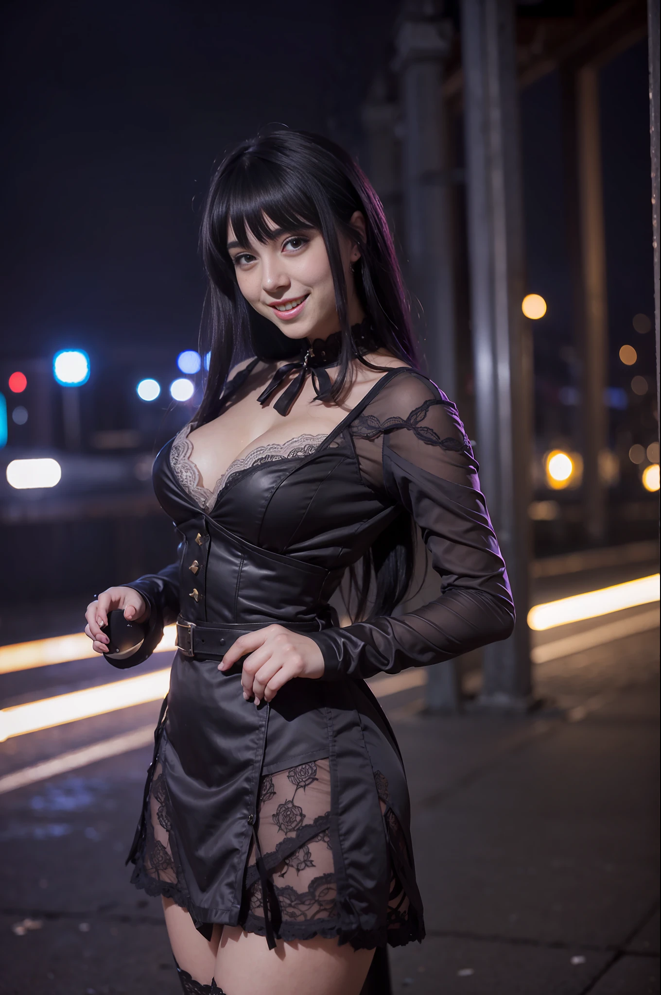 Short dress, dark brown lace stockings sensual Lolita, abandoned city and next to or train in an environment of ((night photography)) Lauren Jauregui, smiling and happy in a