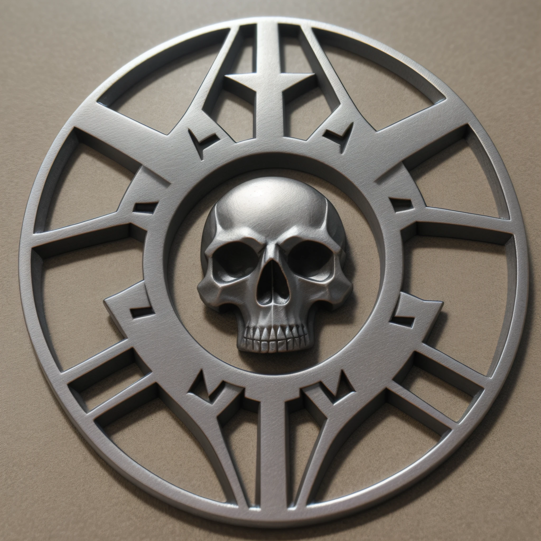 RPG token, matte gray color, German iron cross, 3 skulls, 1 skull looking left, 1 skull looking right, 1 skull looking forward, symbol theme --auto --s2