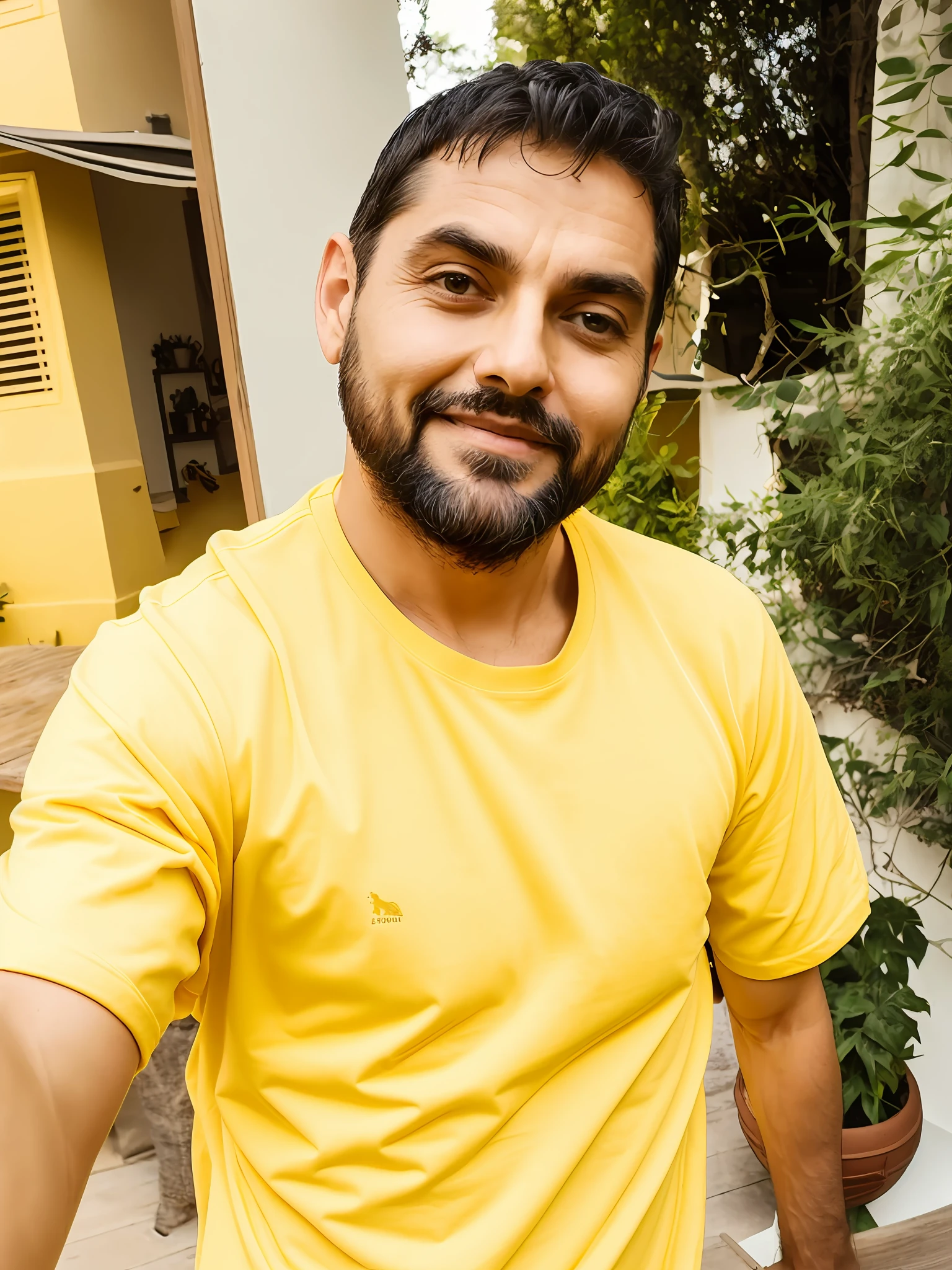 There is a man outside, wearing a yellow tshirt (38 years old)