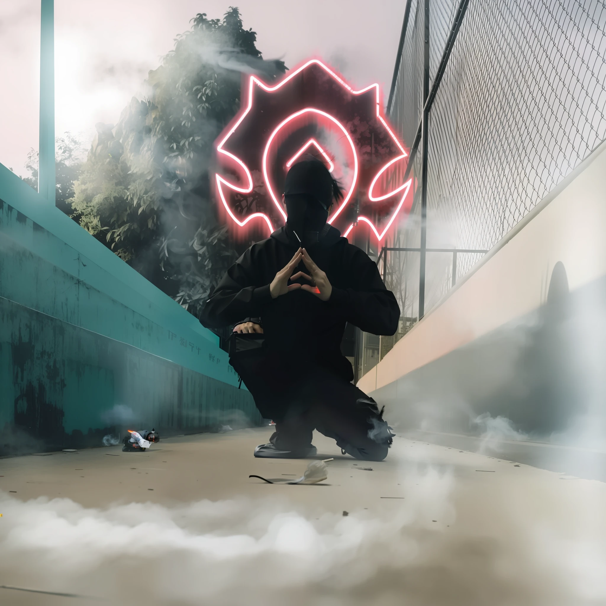 there is a man kneeling down with a neon sign in the background, detailed bushido form smoke, red smoke follows his movement, akatsuki akira, omen from valorant, mystic ninja, low quality footage, in front of smoke behind, techwear occultist, symmetry!! portrait of akuma, music video, ninja