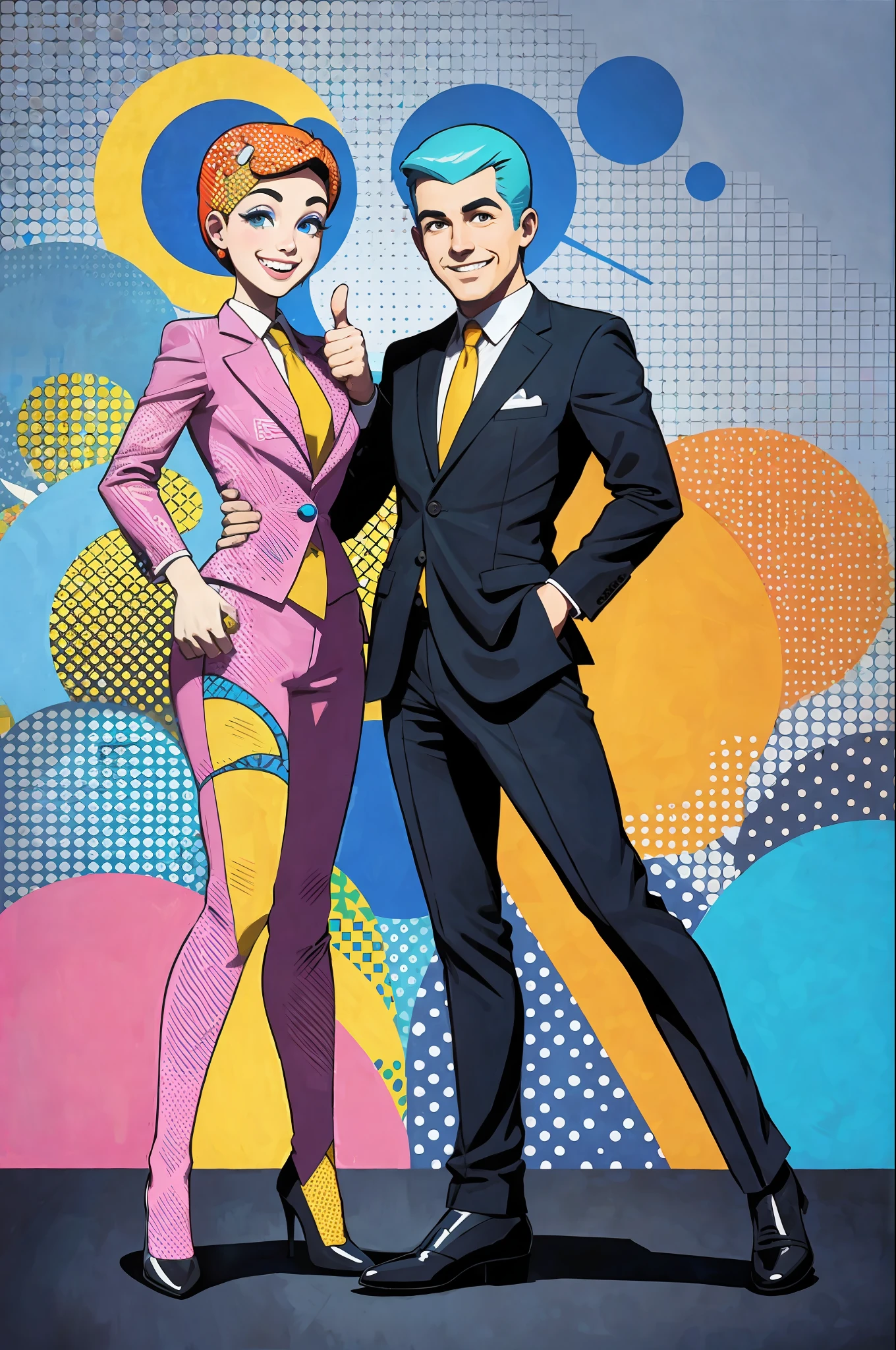 pop art style with dots, realistic, two happy businessmen, thumbs up, full body picture --auto --s2