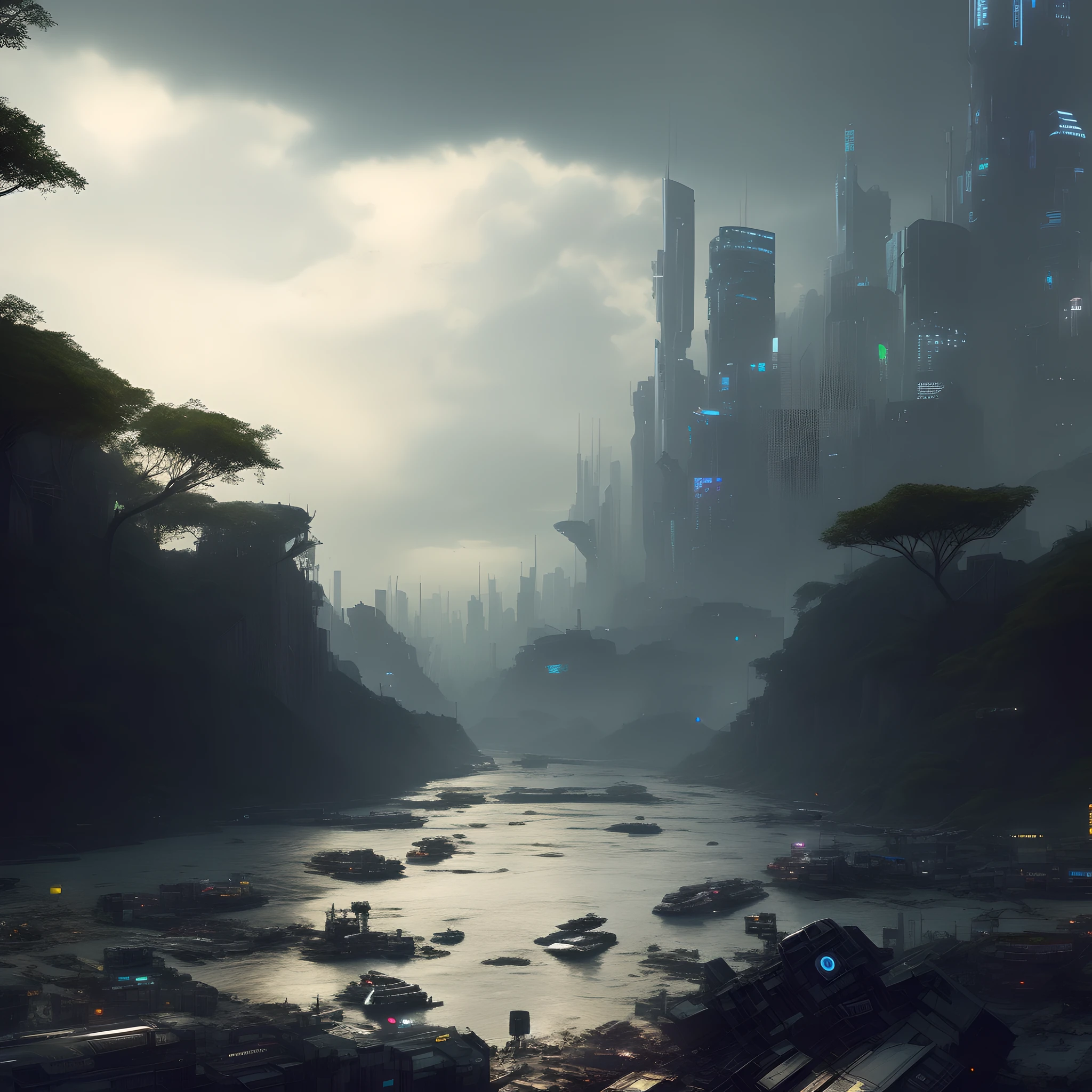 There is an image of a city with a river in the middle, robotic garbage discarded in the river, Amazon forest on both banks, cyberpunk landscape, dystopian dystopian concept art, dystopian scifi apocalypse, dystopian landscape, scenic dystopian environment, futuristic dystopian city, an abandoned dystopian city, in a dystopian landscape, dystopian environment, dystopian cyberpunk city, highly realistic conceptual art, dystopian city, cyberpunk landscape wallpaper, Dystopian future