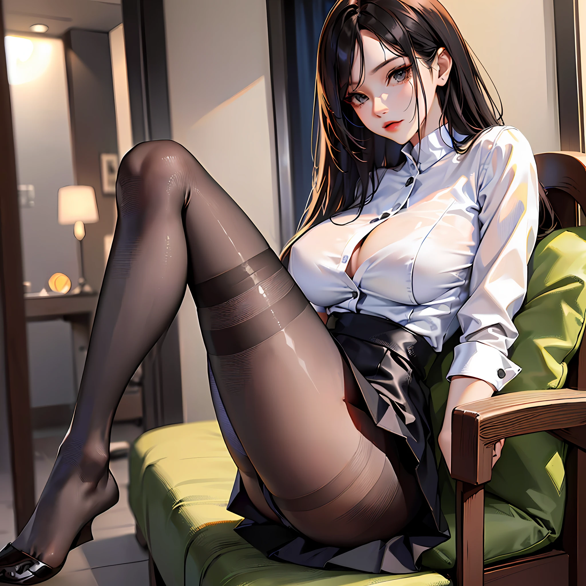 There is a woman sitting in the room on a chair, (((black pantyhose)))), (((short skirt))), (((suit))), good hips and long legs, beautiful face, perfect face shape, perfect figure, oversized model, mature woman, (((high and long legs))), very large breasts, arms and legs, thighs and skirts, very beautiful thin legs, long legs, very beautiful slim legs, slender legs, beautiful legs, beautiful slim legs, huge legs towering over you, wearing tight fits, Simple clothes, masterpiece: 1.2, best quality) best quality, ultra-high resolution, realistic, ultra-realistic detail, sharp focus, (real pictures, fine production, depth of field), solo, beautiful girl, masterpiece: 1.2, best quality), solo, beautiful girl, 20 years old, sexy theme, high detail, 16k, full body,