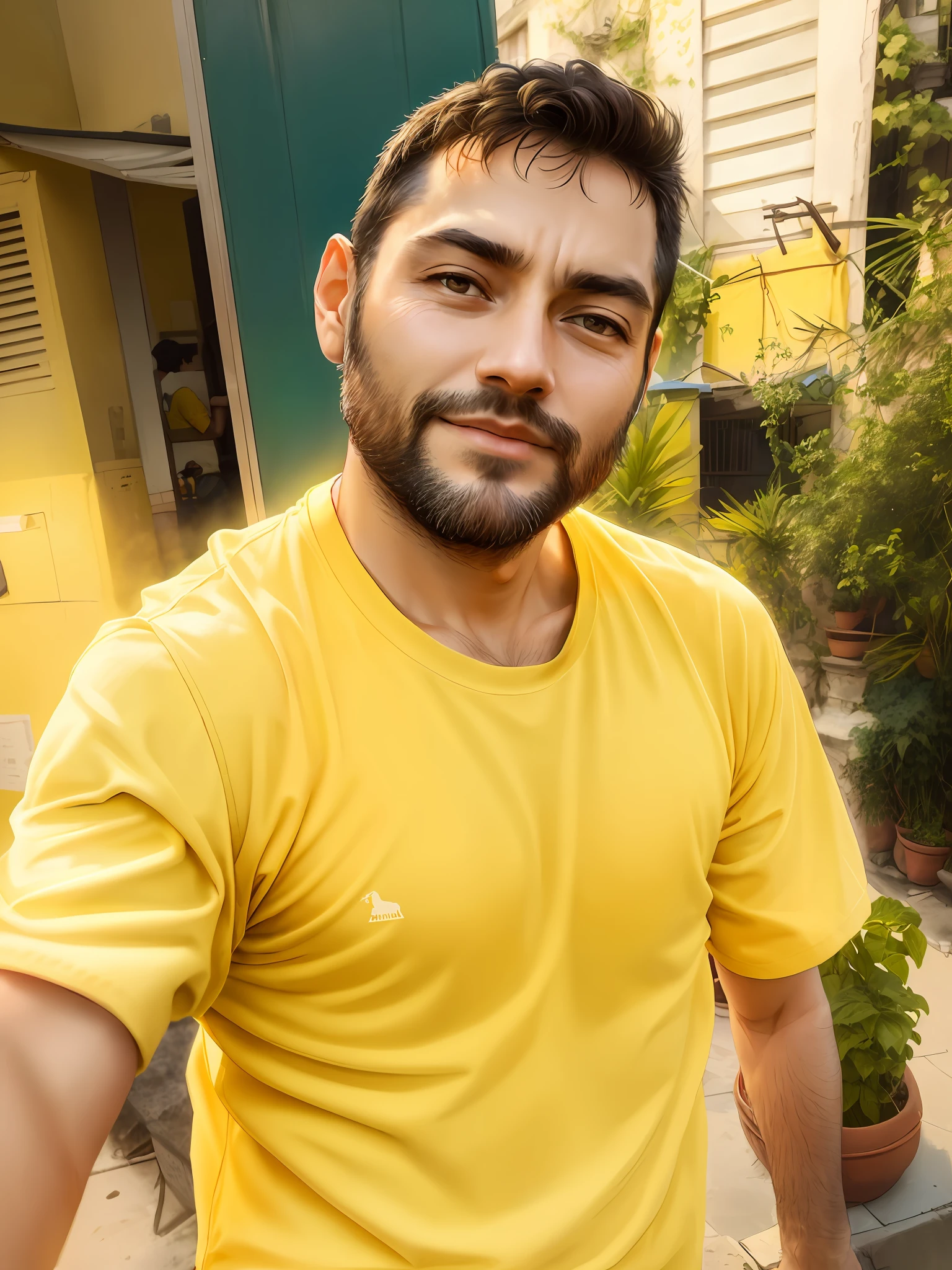 There is a man outside, wearing a yellow tshirt (38 years old)