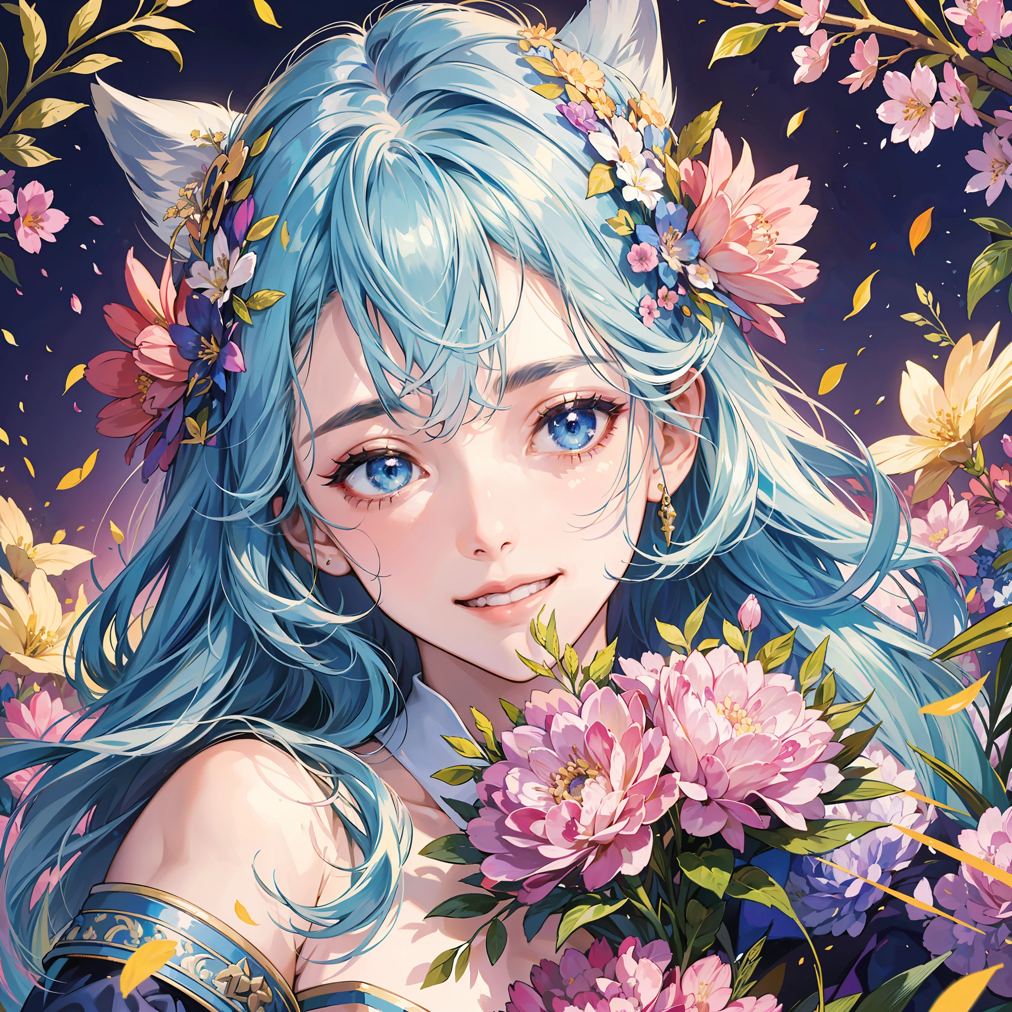 Ultra high resolution, super high image quality, girl with lots of bouquets, detailed eyes, blue eyes, golden proportion face, (background with fluttering petals: 1.8) detailed flowers, laughing, upper body, complex structure, super detailed hairstyle! --auto --s2