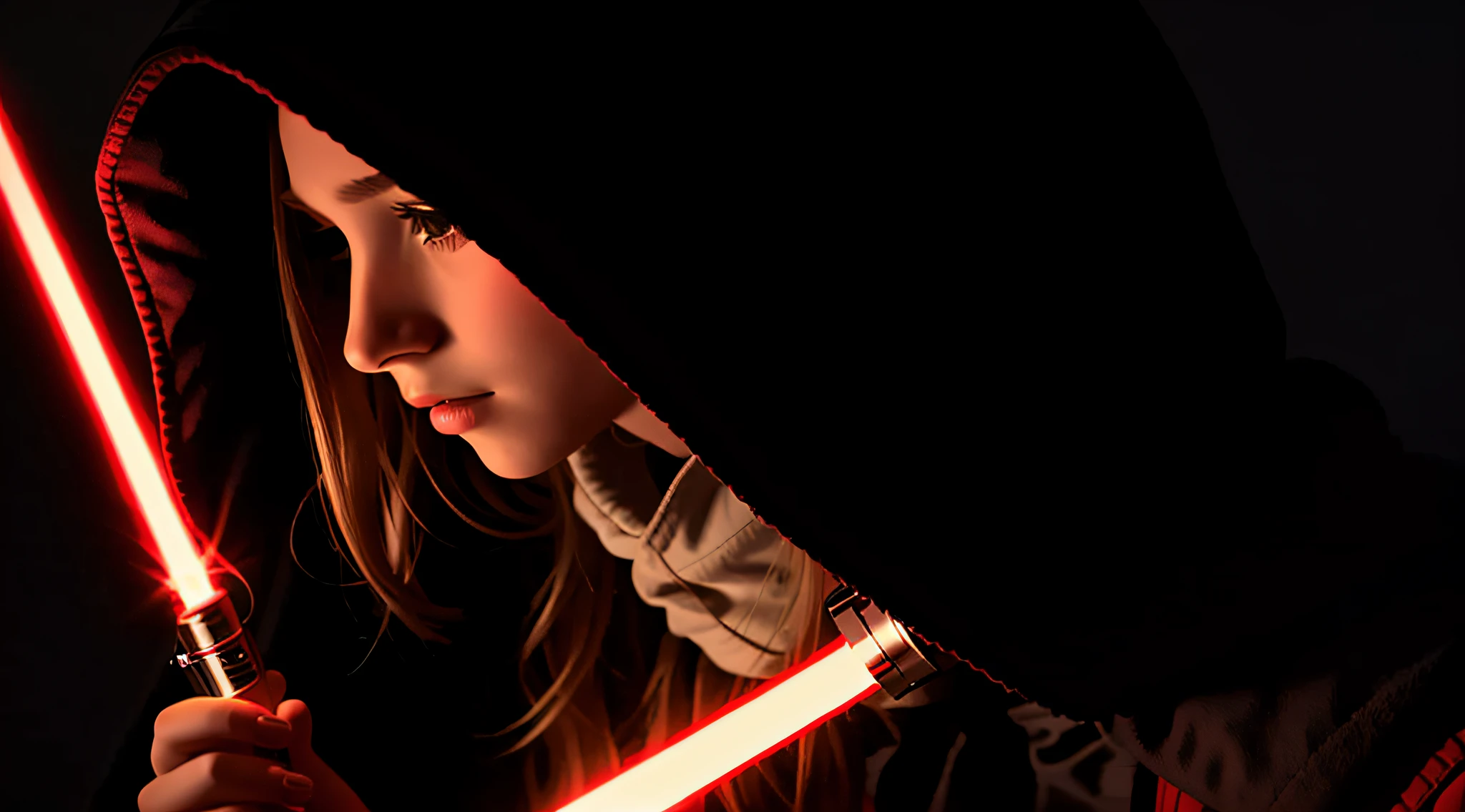 RUSSIAN CHILD GIRL WITH , WITH LONG STRAIGHT BLONDE HAIR, PORTRAIT STYLE, A closeup, hooded with lights behind her, holding a red lightsaber, in a Star Wars sequence, red lightsaber, red lightsaber, holding a lightsaber, holding a lightsaber, with lightsaber, with lightsaber sword, there is a glow coming from her, holding lightsaber