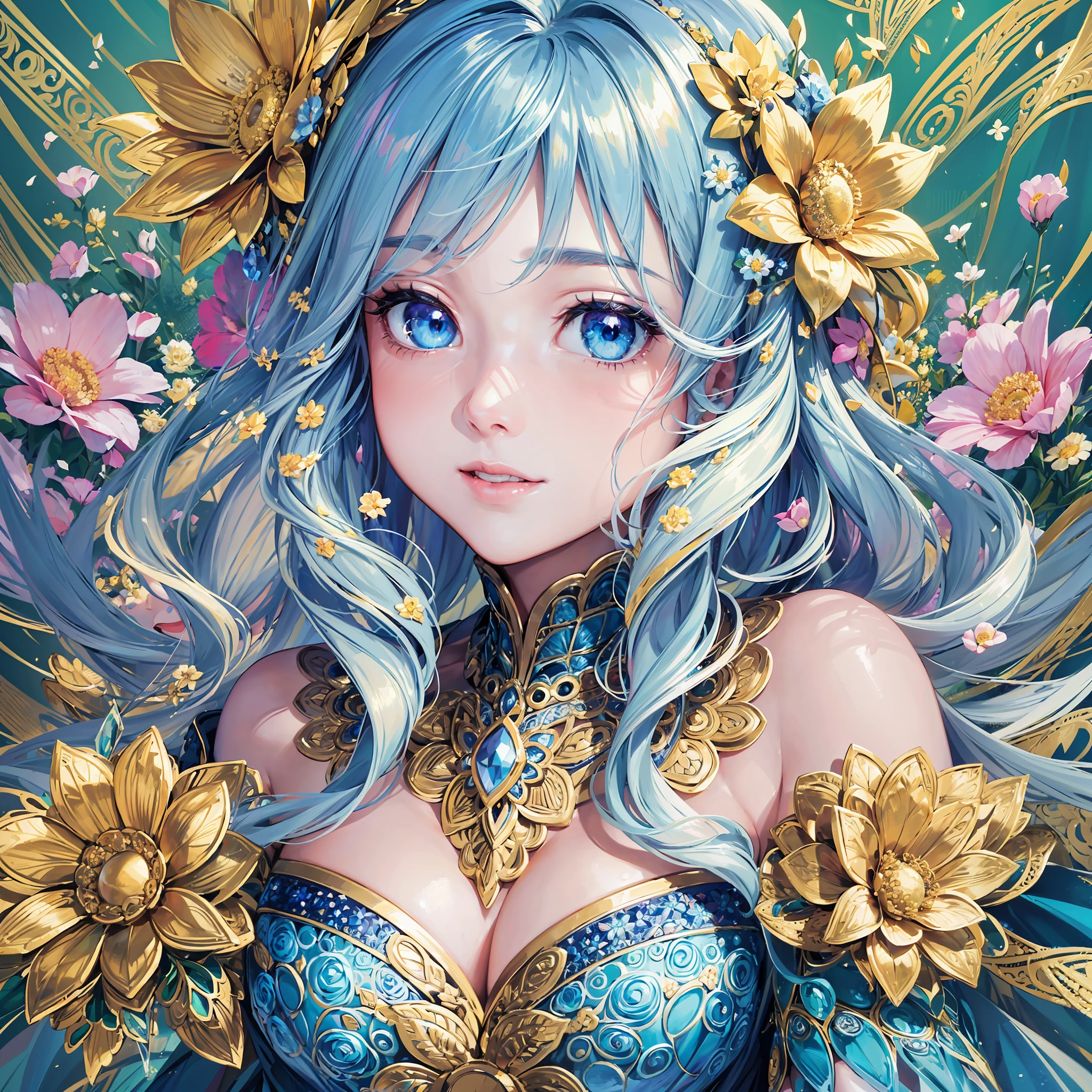 Ultra high resolution, ultra high image quality, girl with many bouquets, detailed eyes, blue eyes, golden proportion facial features, (background with dancing petals: 1.8) Flowers drawn in detail, laughing, upper body, complex structure, ultra-detailed hairstyle, light reflection, light grains, crystals, (Maximalism: 1.6)
(Zentangle:1.2)