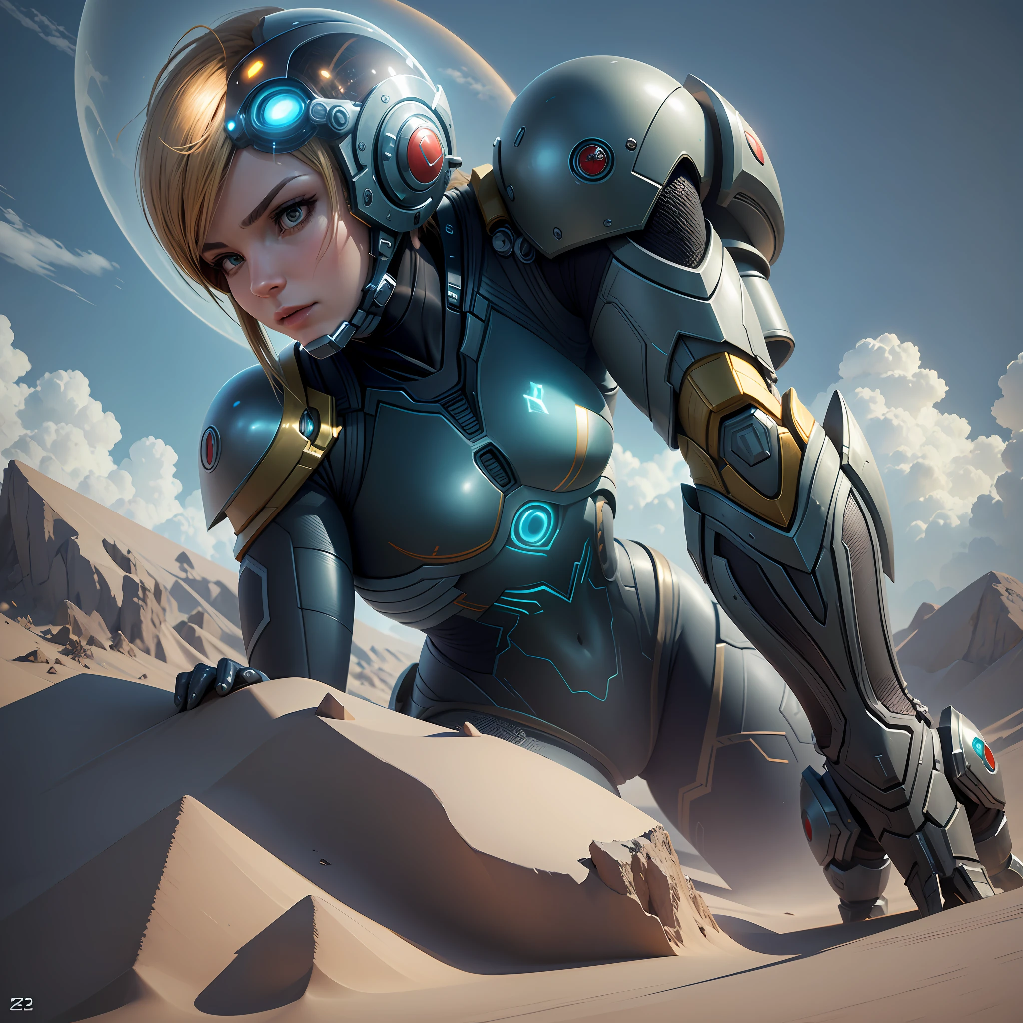 Create a Samus Aran with realistic armor on a different planet, with realism like Unreal Enginer 5.2 --auto --s2