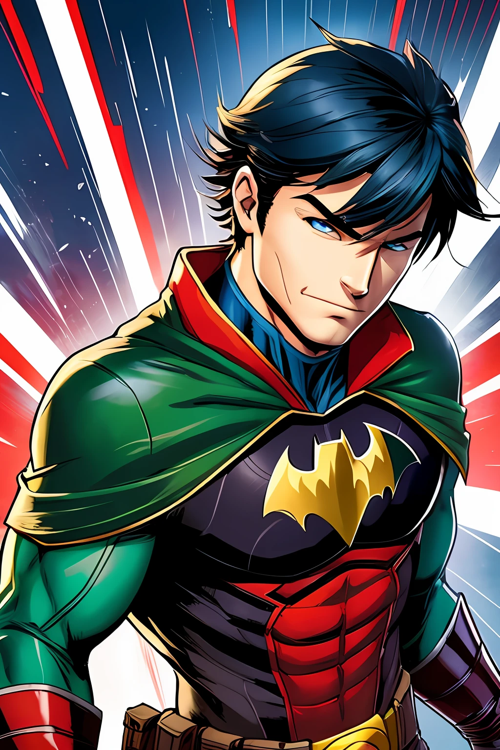 Robin wears the symbol of Batman (son of Batman), smart, blue and red uniform style DC Comics, suspicious, rebellious, expert in martial arts, friend of Robin son of Batman, 64k,