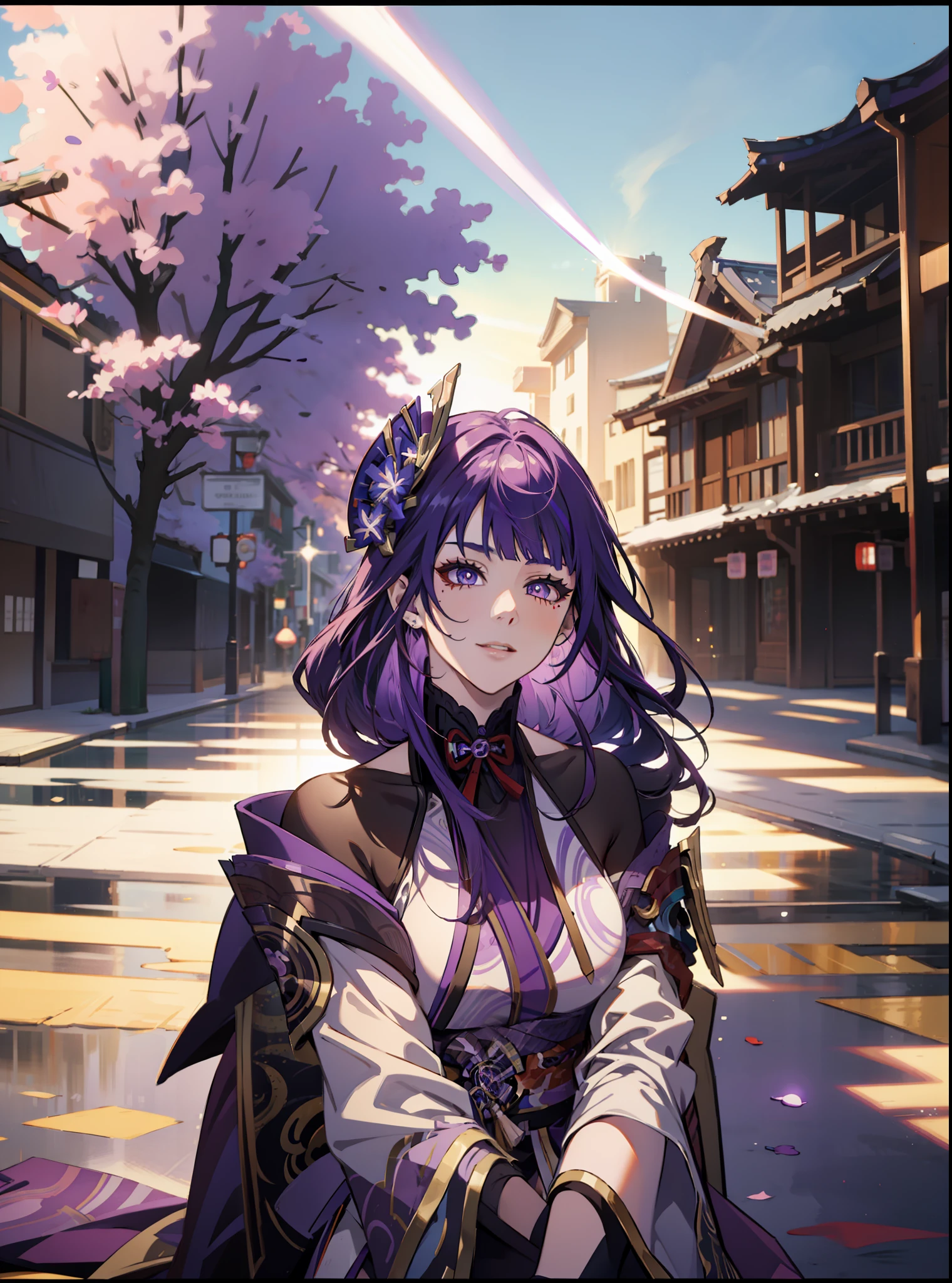 multicolored hair, purple hair, purple eyes, multicolored eyes, mismatched pupils, smile, high detail, high detail, Raiden Shogun (Genshin Impact), anime, anime style, sparkle, glowing light, god rays, ray tracing, backlighting, UHD, UHD, UHD, masterpiece, super detail, high details, high quality, award winning