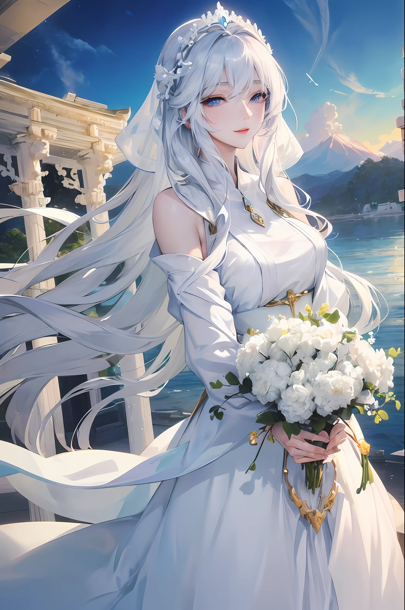 Official Art, Masterpiece, Sharp Focus, (Beautiful Gorgeous Cute Korean Woman:1.3), (Beautiful Cute Korean Woman:1.3), Delicate and Beautiful Hair and Eyes and Face, Realistic, Very Detailed, Beautiful Woman, Blue Sky, Sunset White Particles, (Side Lighting:1.2), Sun Light, White Clouds, Delicate Clouds, Thin, ((Smile with eyes, open eyes)), Landscape, Long straight hair, Building, (Vision:1.7), Dynamic hair, Detailed platinum silver hair, Radiant blue eyes, white long dress, pale skin, gold laurel headdress, majestic temple scenery, unexposed, sacred atmosphere