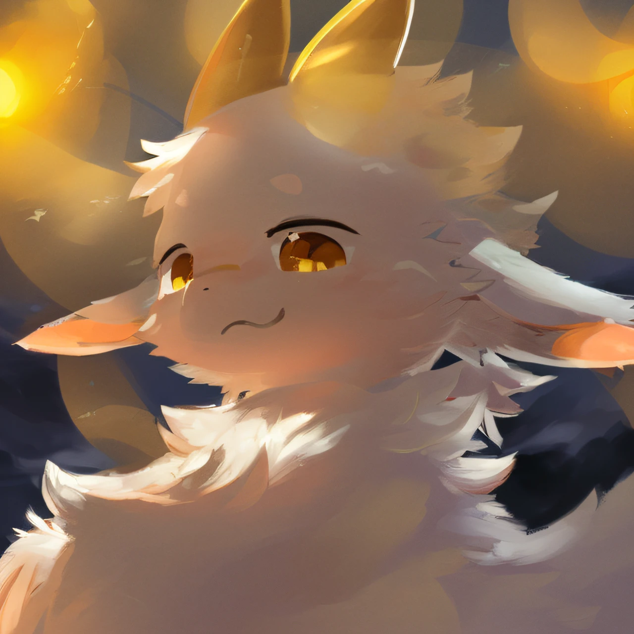 {{looking up}}, (night sky), kemono, dragon, (white fur:1.5), yellow horn, pink pawpad, white claws, yellow eyes, cute, tuft, fluffy, digital painting \(artwork\), (young, child), (ultra detailed fur, volumetric light, good lighting)