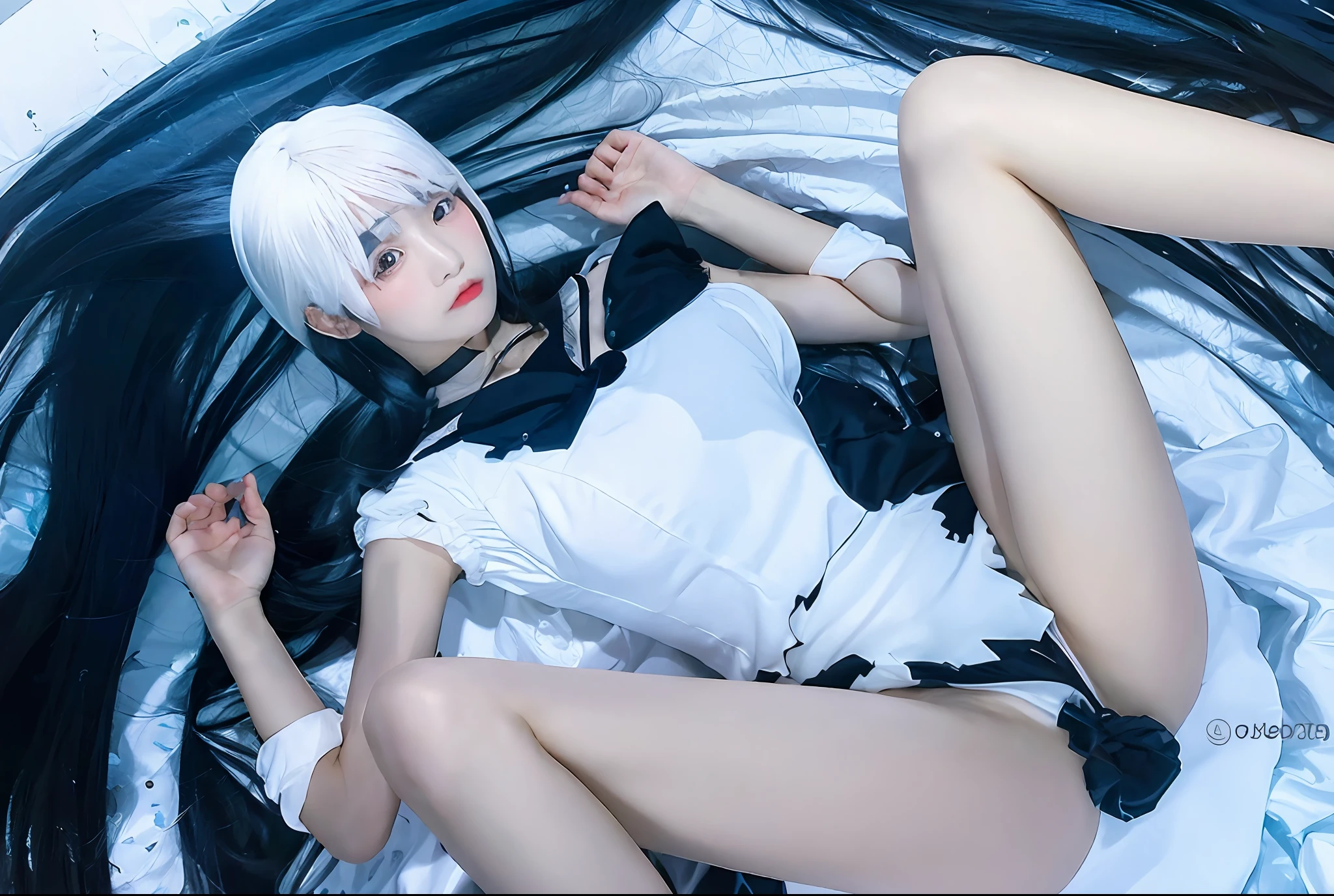black hair, puzzled face, looking at viewer, white sheets