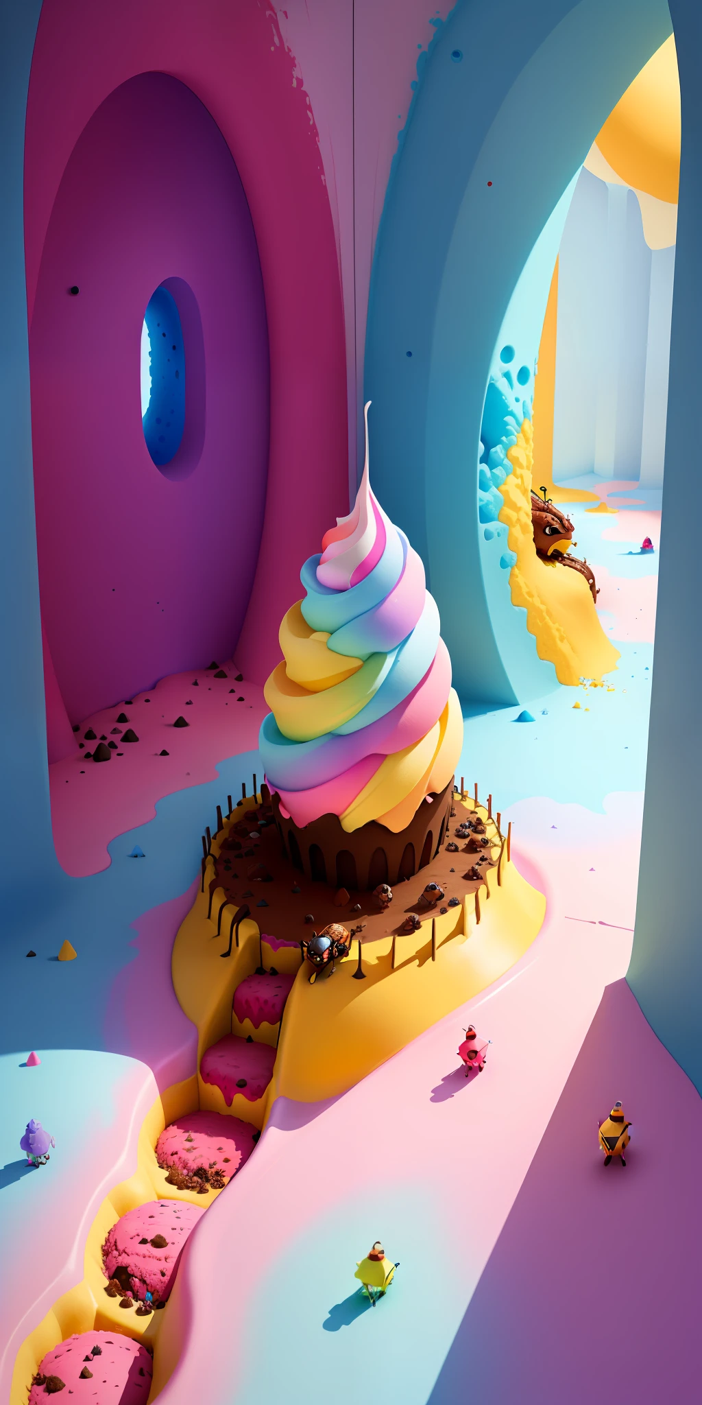 Anthill in a world of colorful ice cream with an entrance ants running inside