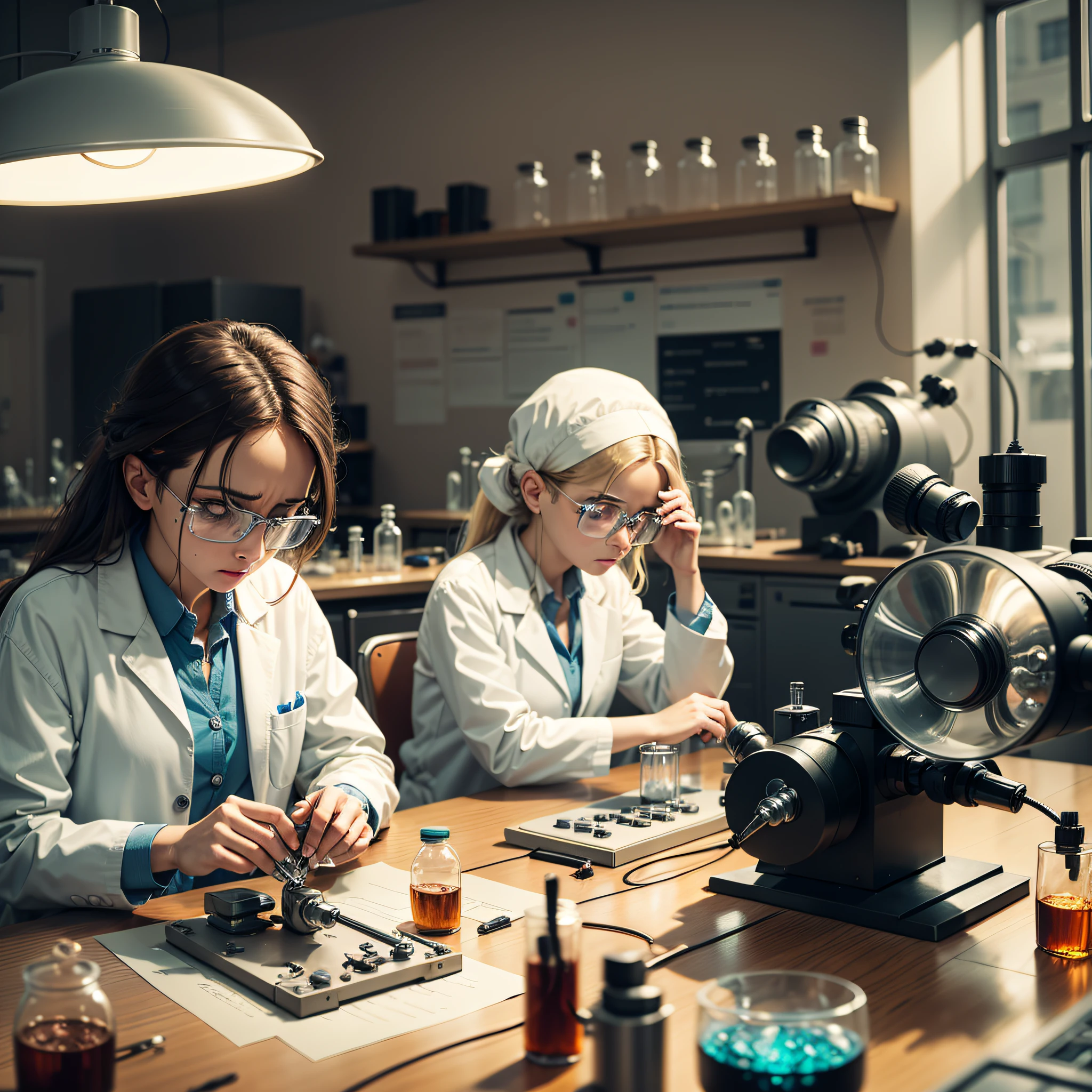scientists in the laboratory observing an experiment, microscope in the scene, tables in the background, scared faces, (looking tired), low lighting --auto --s2