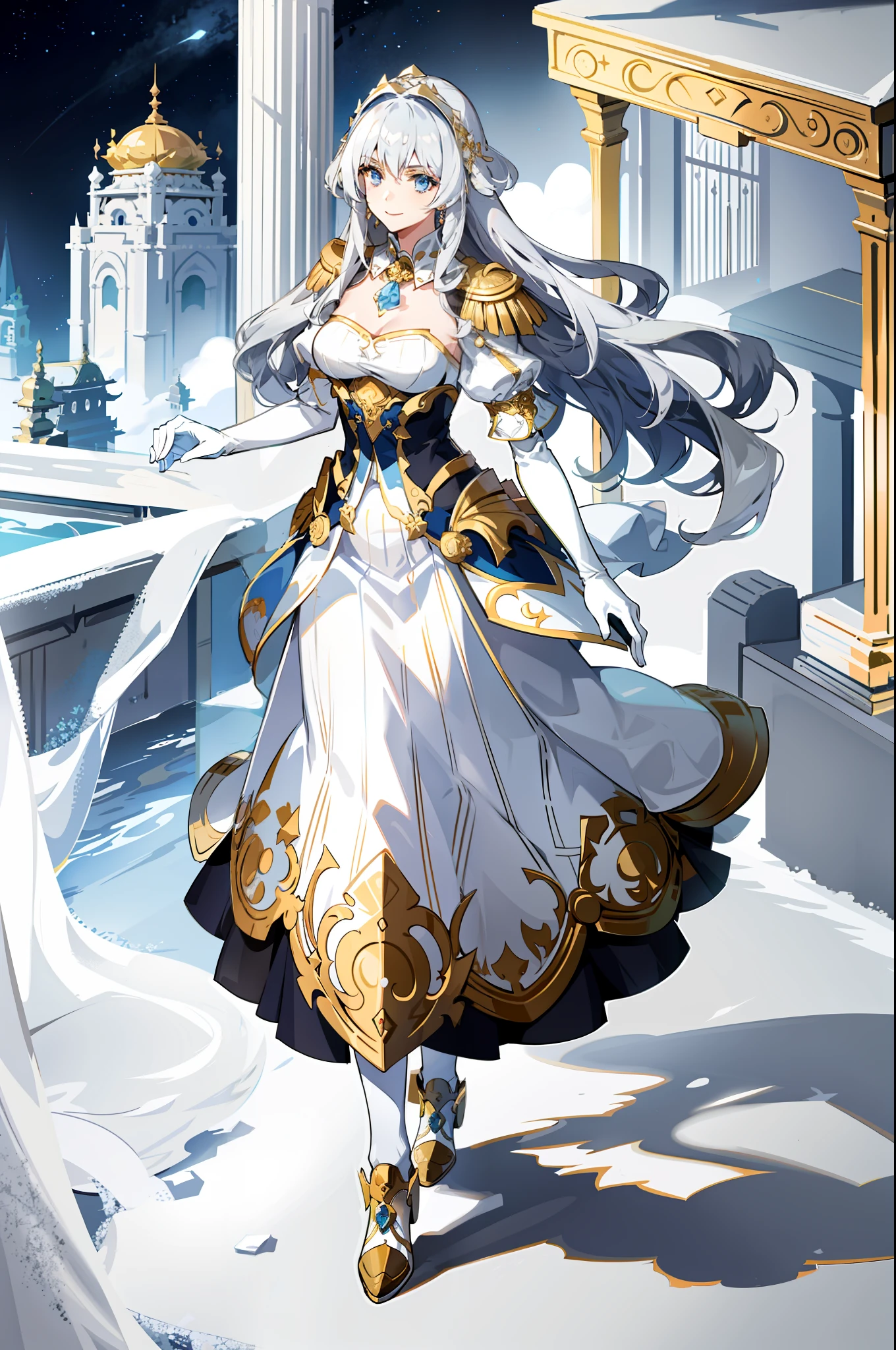 Silver wavy hair, blue eyes, gorgeous white long dress, reverent, beautiful woman, benevolent smile, headdress, gold shoes, anime, temple background, unexposed