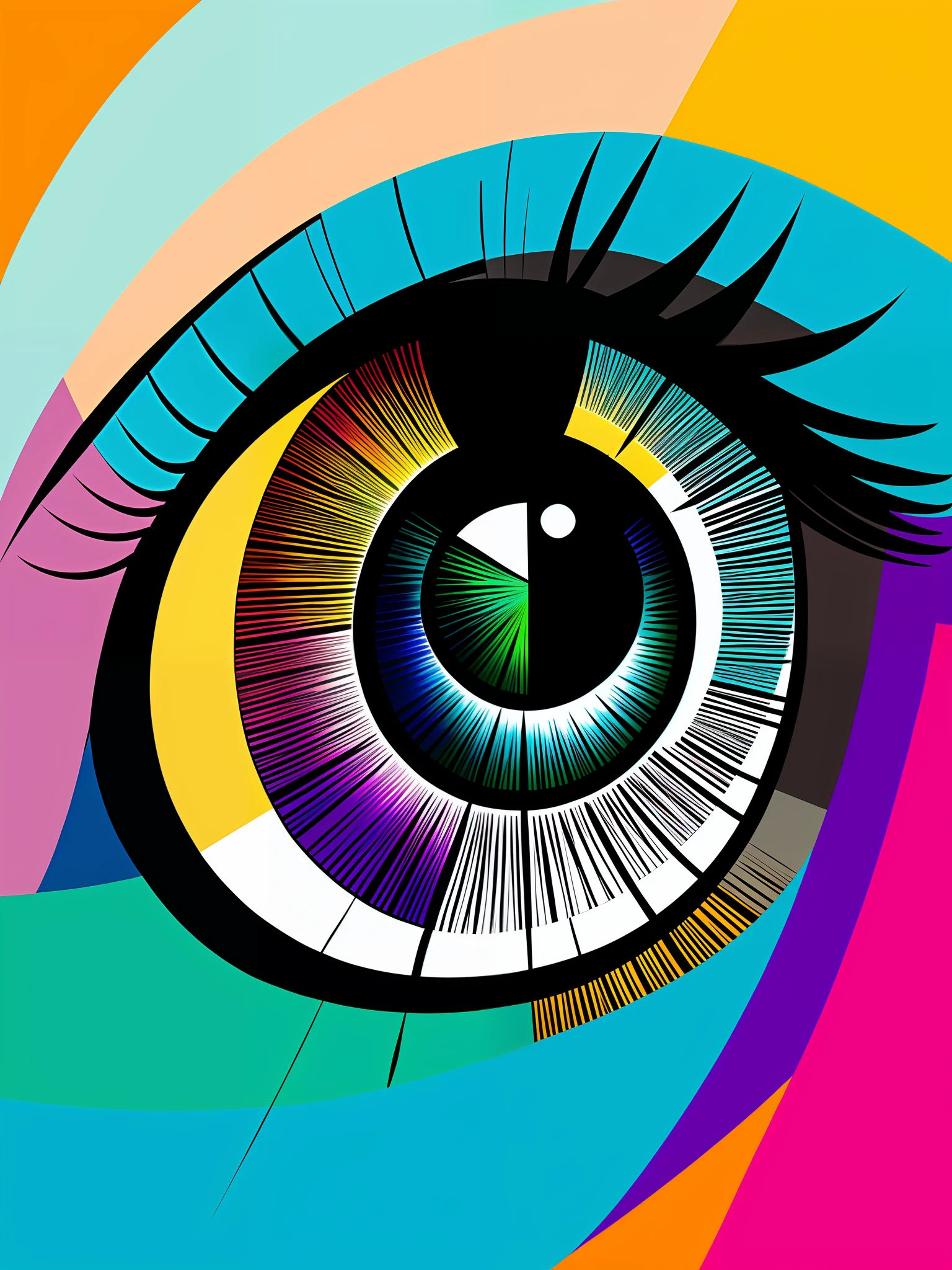 A stylized human eye fills the entire close-up space. The eye is represented in an abstract way, with geometric shapes and interconnected curved lines. The eyeball has a vibrant coloration in shades of blue and green, with small brushstrokes of red and yellow. The iris is composed of abstract spiral patterns, combining warm and cold colors. The pupil is represented as a perfect, black circle, contrasting with the intense colors around it. The eye is surrounded by a subtle shadow, creating a sense of depth. The background of the image is a smooth gradient, with pastel shades of pink and blue, creating a surrealistic atmosphere. The combination of colors and abstract shapes highlights the expressiveness of the eye, Tags: surrealism, Salvador Dalí, painting, eye, abstract, surreal, geometric shapes, vibrant colors.