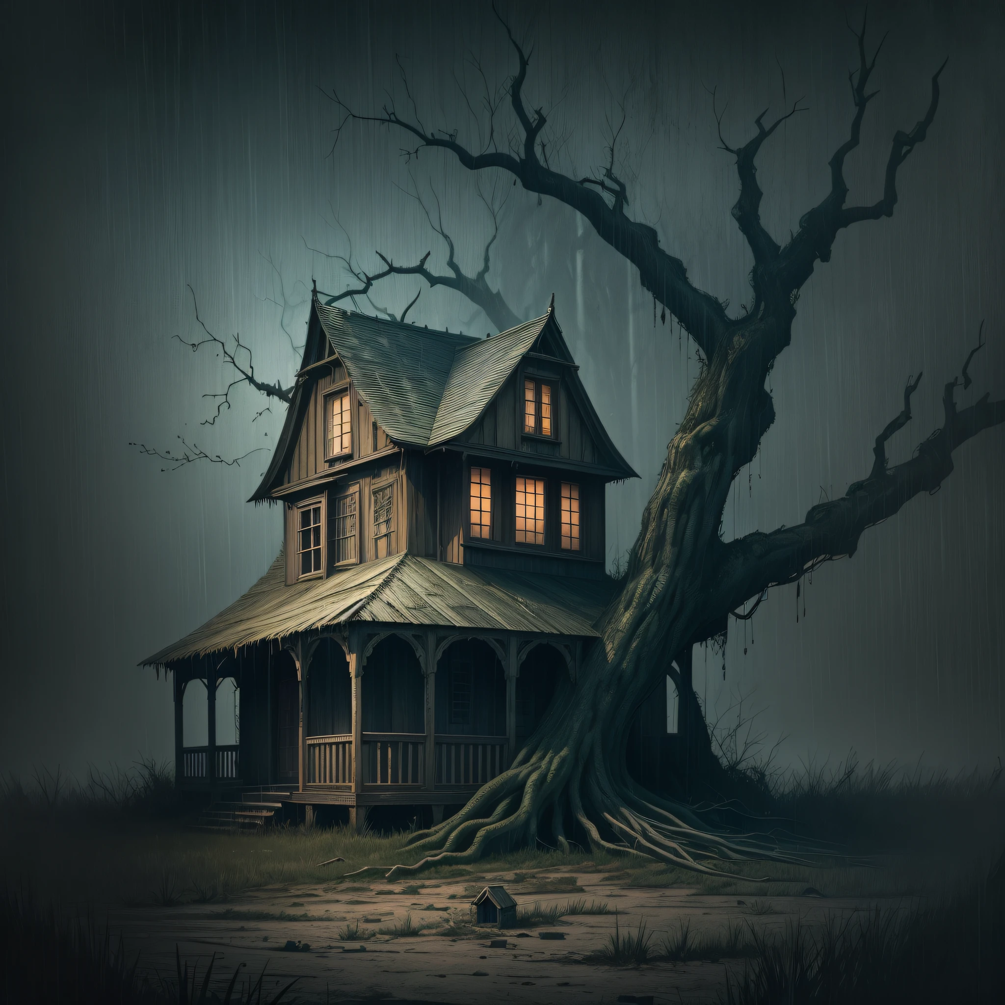 haunted house, wooden, raining, dry tree, night, moonlight, haunted, fear, dark, horror style, scarecrow, scary, abandoned, desolate