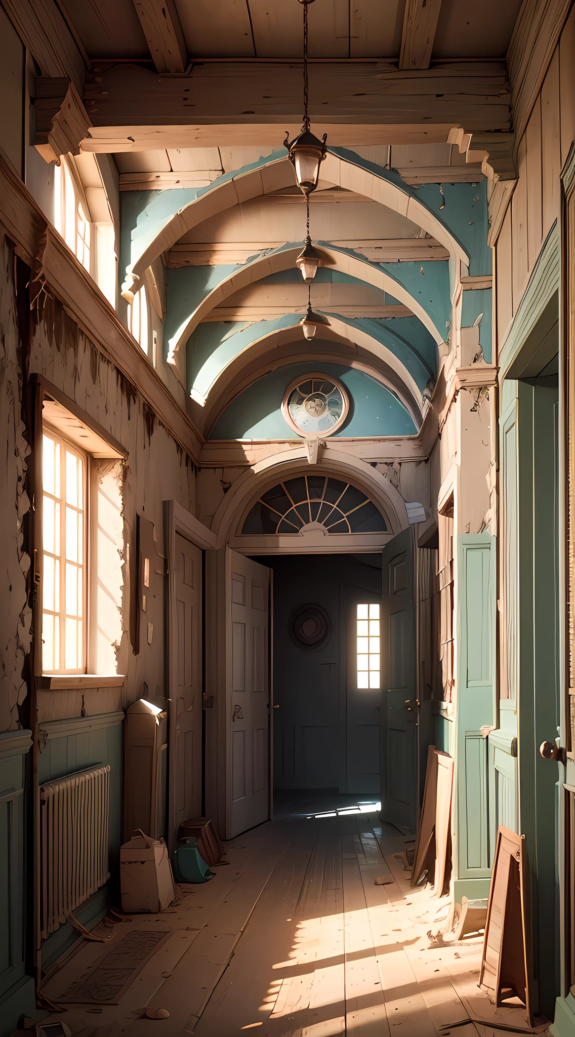 Generate a high-resolution (8K) image that represents the ghost town of Kolmanskop with perfect detail and impeccable geometries. Use advanced artificial intelligence techniques to create a hyper-realistic environment with detailed textures and precise lighting. Add characters with perfect bodies and faces, dressed in period clothes, exploring the empty, sand-covered streets. Convey the feeling of mystery and abandonment through a unique and engaging atmosphere. --auto --s2