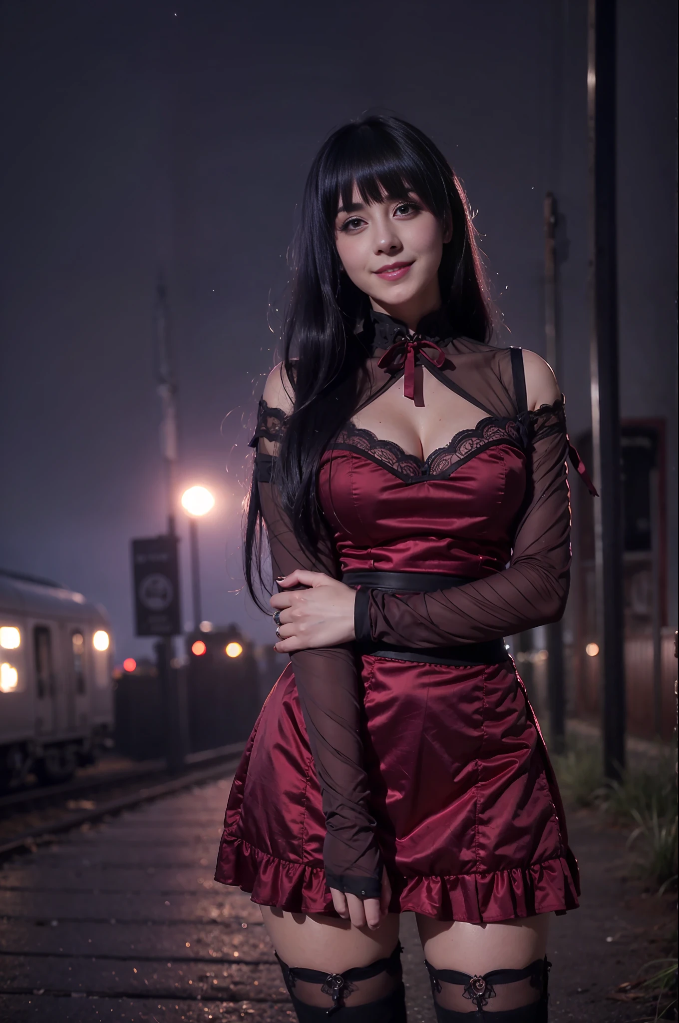 Short dress, lace stockings Lolita sensual dark red, abandoned city and next to or train in an environment of ((night photography)) Lauren Jauregui, smiling and happy in a