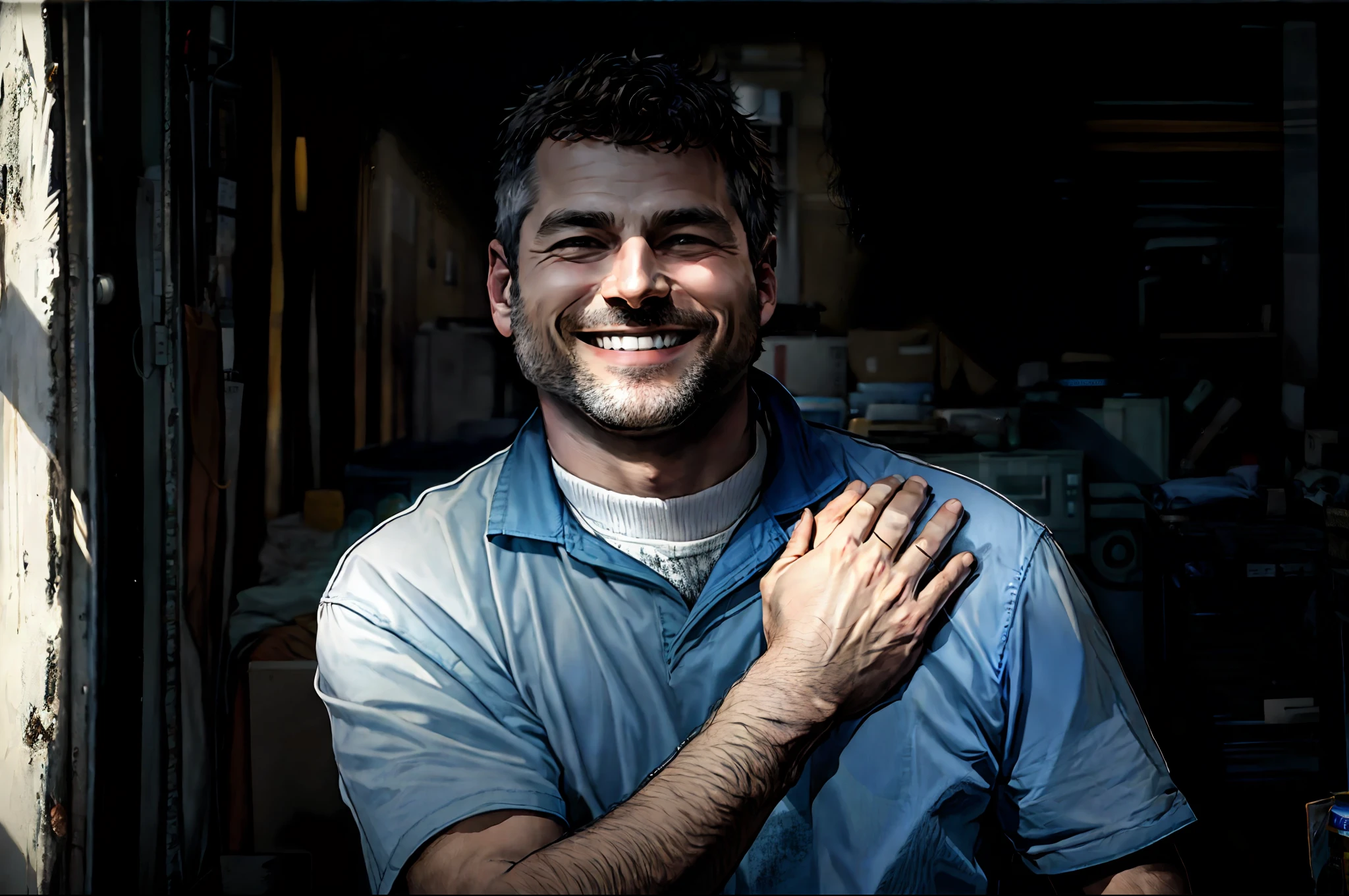 There's a man smiling with his hand brought up to his left shoulder, showing a new pill taking it out of the package
