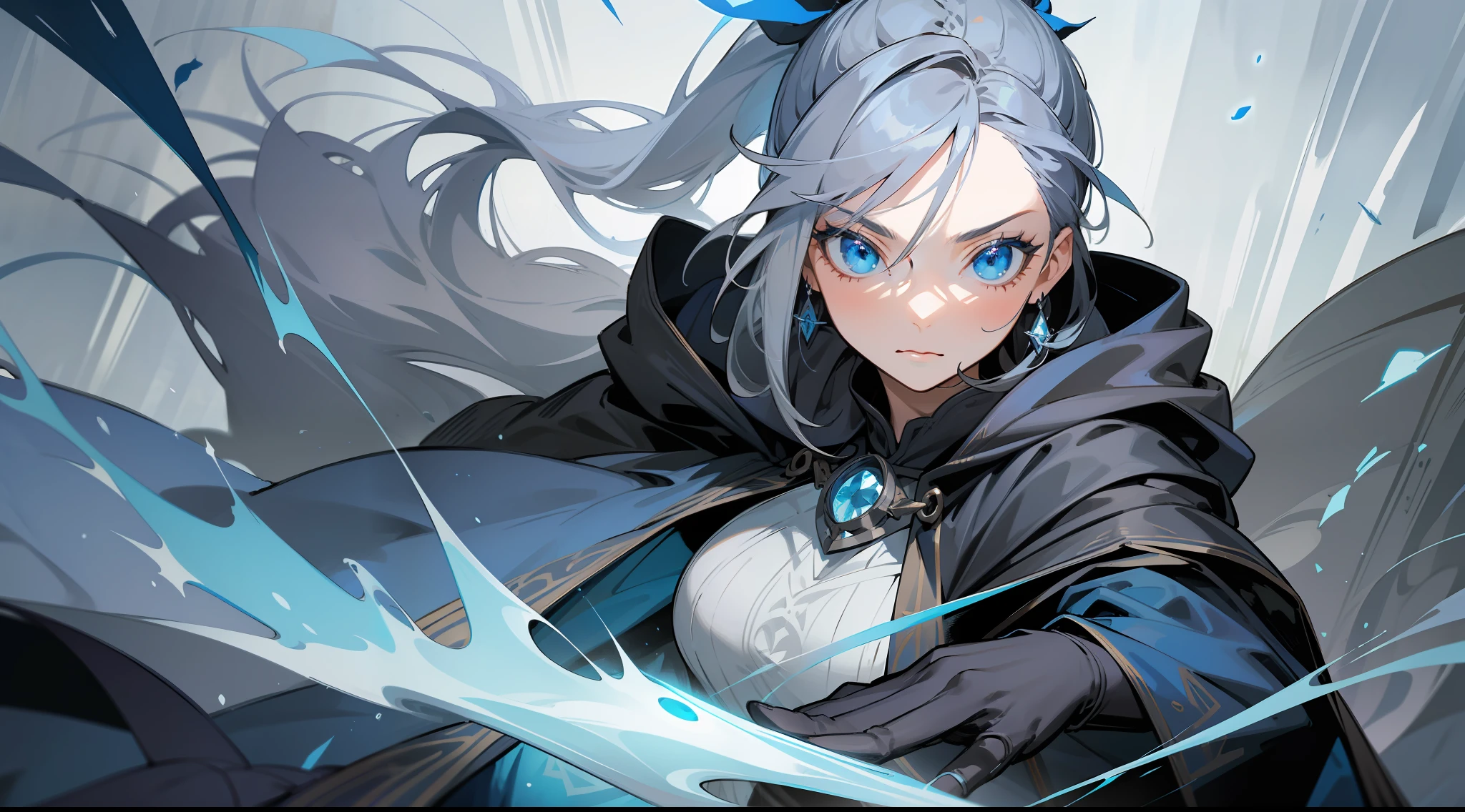 masterpiece, best quality, mature woman, sorceress, black, gray and blue cloak, hood, dark gray hair, ponytail, bright blue eyes, manipulating elements of nature, fantasy, medieval, in a battle arena, dynamic pose, beautiful detailed brilliance.