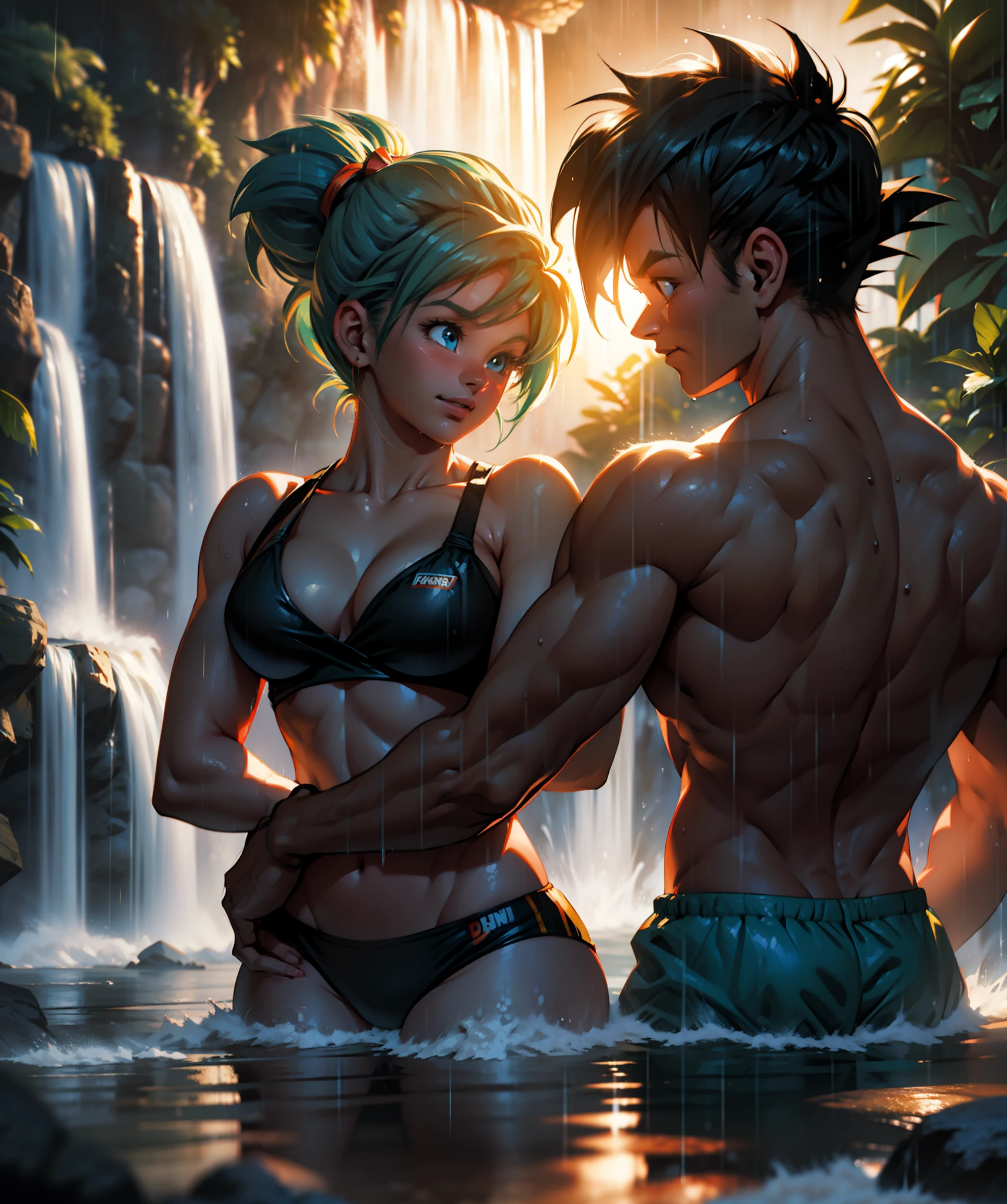 Couple, ((bulma)), ((goku)), hugging from behind, in love, bathing in the waterfall, rainy afternoon. Illuminated by natural sunlight. Digital Art, 3D, Realistic Raytraicing, Cinematic Light, Swimwear