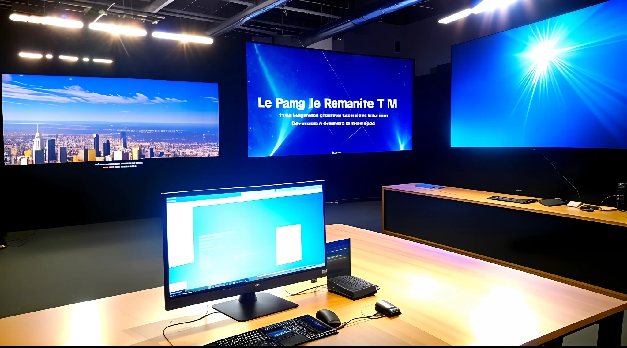 A journalism studio with a led screen in the background, a very large monitor on the right with the inscription TV METEOR, a bench on the left side to put the leptop all very well lit for a screen of 16.9