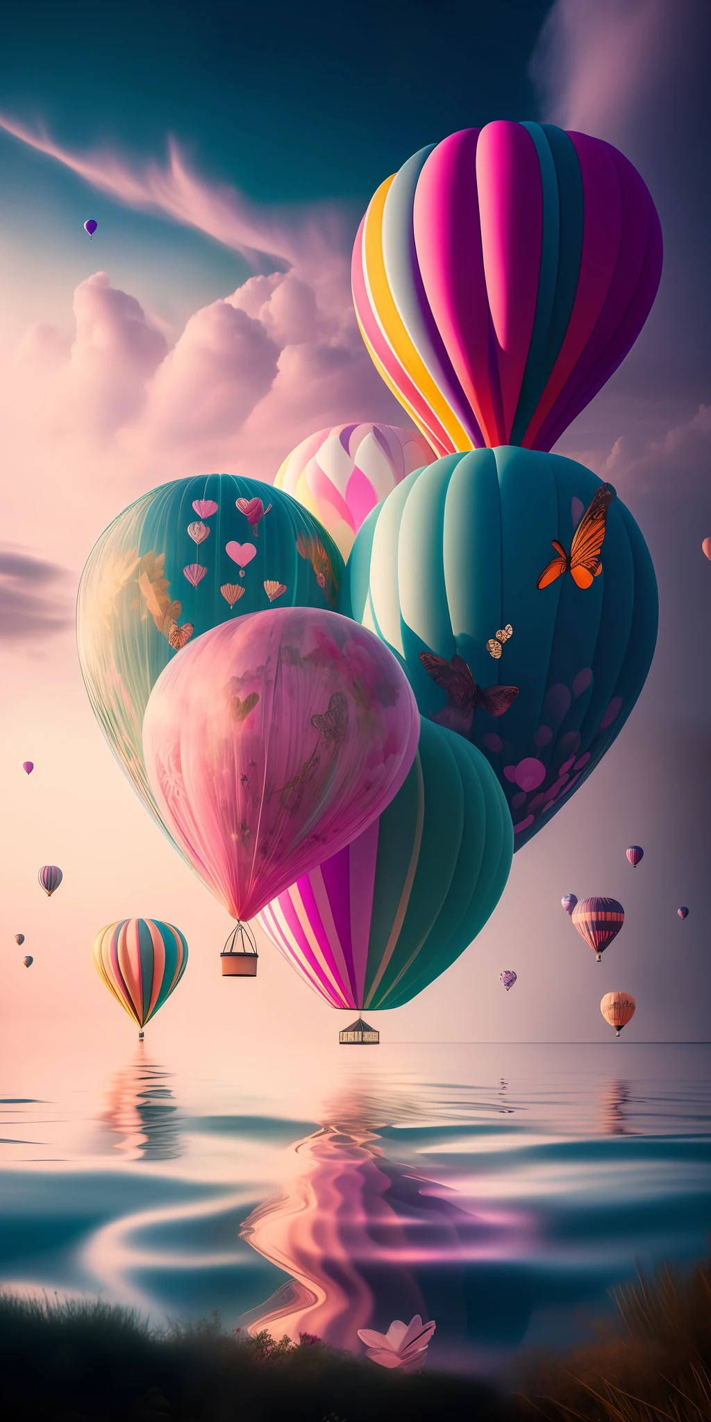 Immerse yourself in a world of pure beauty and wonder, where small, bioluminescent heart-shaped balloons float gracefully above the clouds. These enchanting balloons emit a gentle, otherworldly glow that illuminates the surrounding atmosphere. Against this mesmerizing backdrop, a captivating pair of nymphs appears, exuding a breathtaking beauty that captivates the senses. The composition of the scene is flawlessly arranged, with the nymphs positioned in perfect harmony with the floating balloons, creating a visually stunning tableau. The level of detail in this image is extraordinary, capturing the delicate textures and intricate patterns of the balloons, as well as the ethereal features of the nymphs. This photograph is a true work of art, a masterpiece that showcases the beauty and magic of the natural world. It is captured in astonishing 4K resolution, ensuring that every exquisite detail and breathtaking moment is preserved in breathtaking clarity -