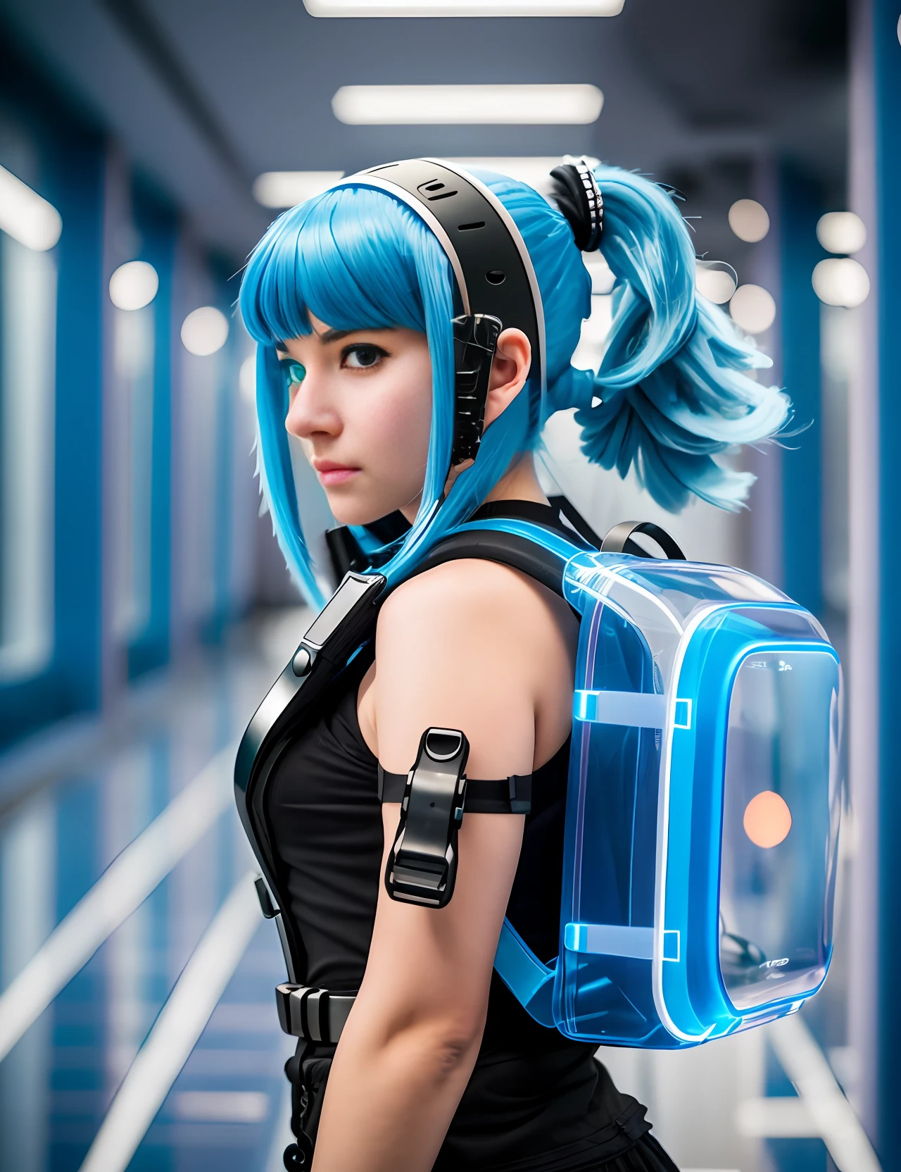 A futuristic world with ultra-tech elements living 1000 years from now, featuring a blue-haired girl with a modern transparent inflatable backpack ultrarealista, photography, ultra-detailed --auto --s2