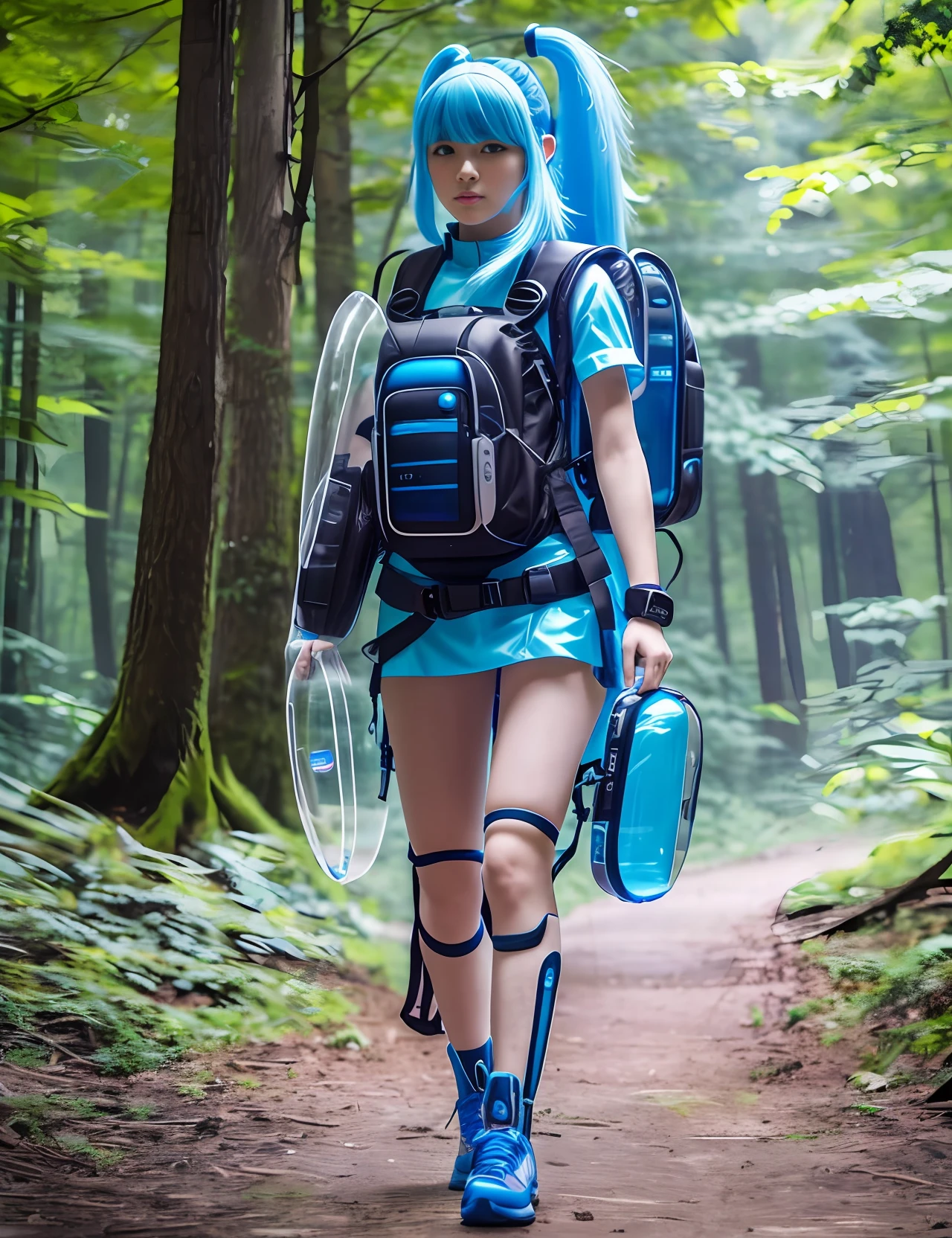 A futuristic world with ultra-tech elements living 1000 years from now, featuring a blue-haired girl  with a modern transparent inflatable backpack ultrarealista, photography, ultra-detailed --auto --s2