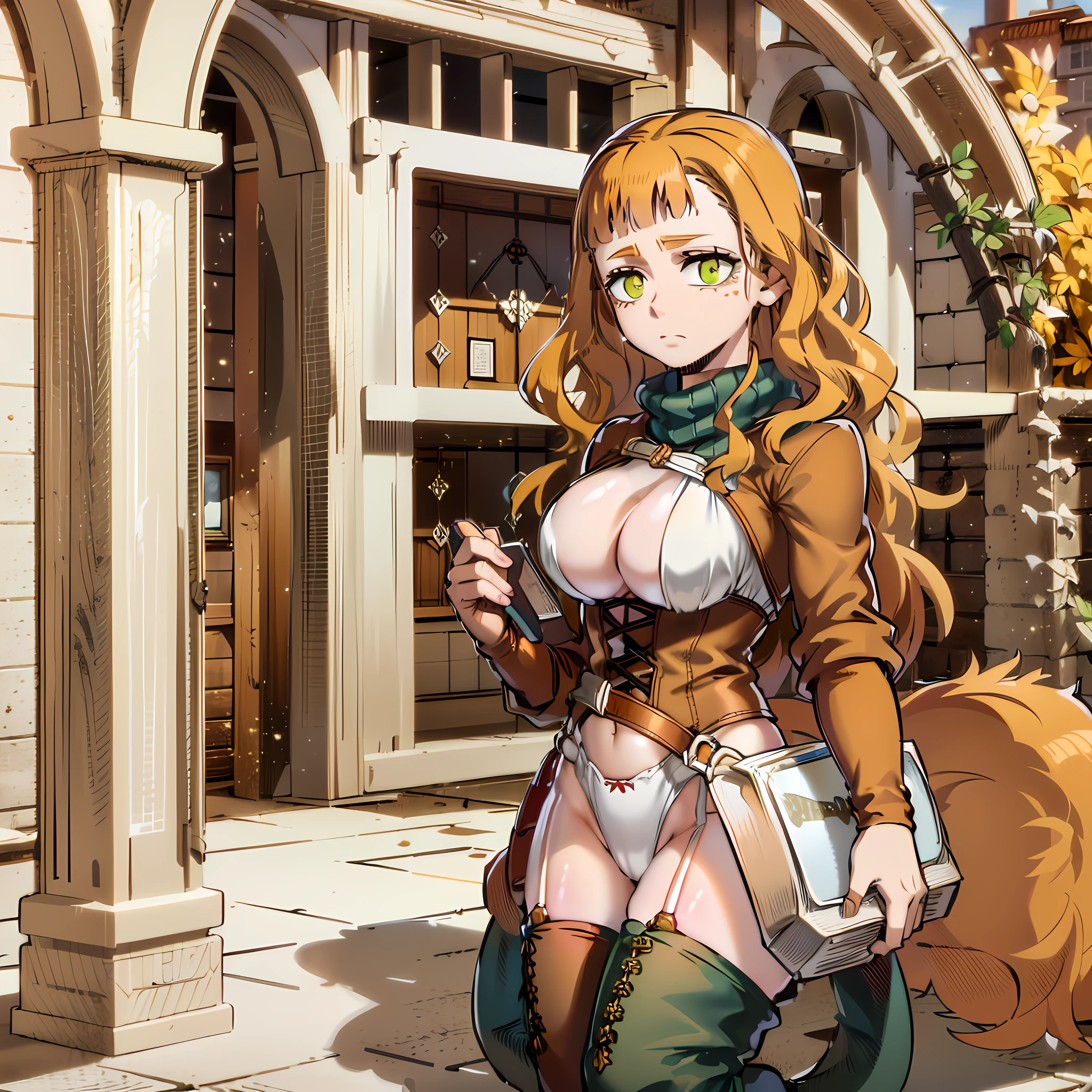 (1girl), (sexy girl), alone, (((detailed face and eyes))),((light green eyes)),(((long straight loose hair)),((soft orange hair)),((extremely red coat)),((brown boots)),((white linen)), ((brown girdle)),((brown bag)), holding a magic book, 8k, high quality, full HD,