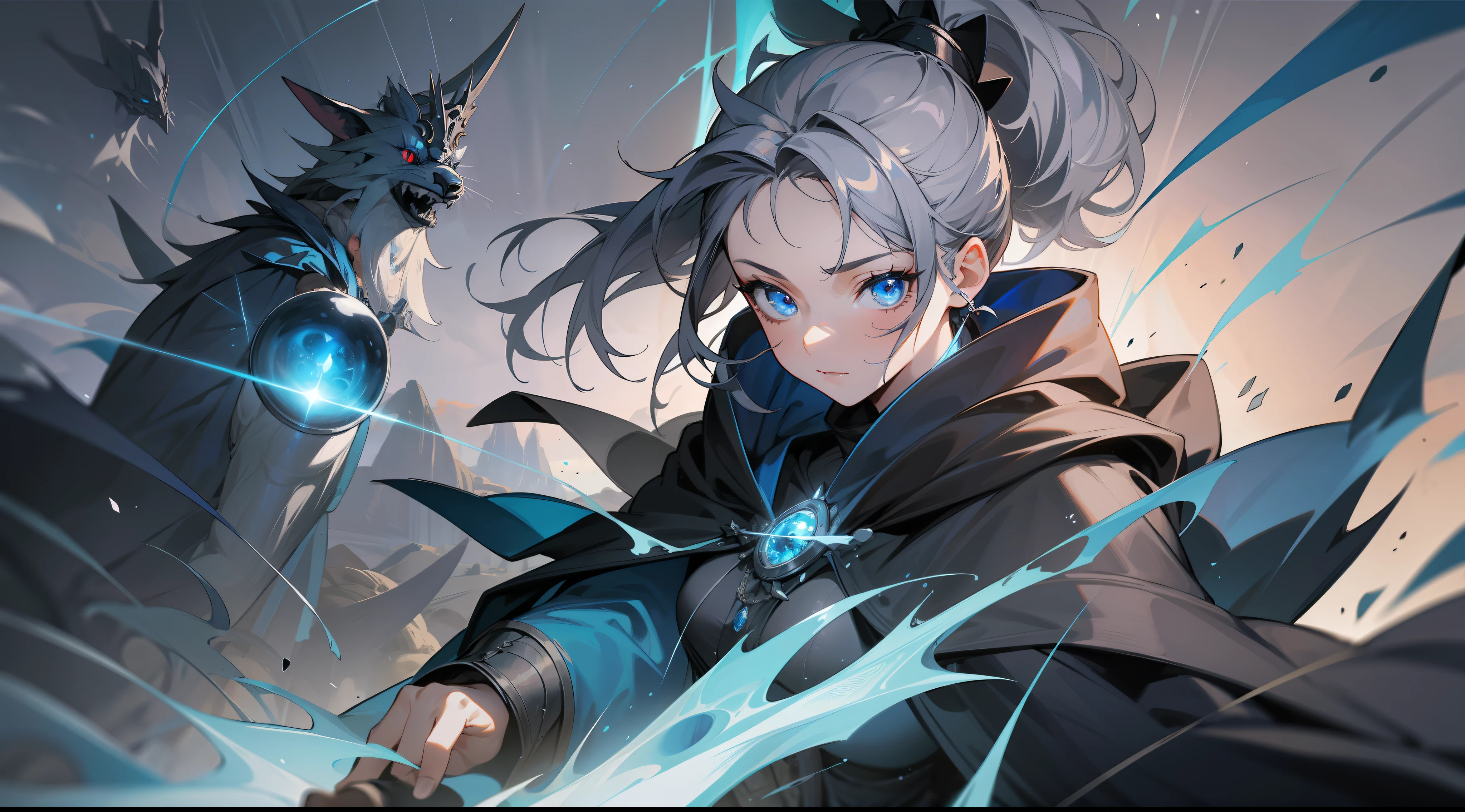 masterpiece, best quality, sorceress, black, gray and blue cloak, hood, dark gray hair, ponytail, blue eyes, manipulating elements of nature, fantasy, medieval, in a battle arena, dynamic pose, aerial view, beautiful detailed glow.