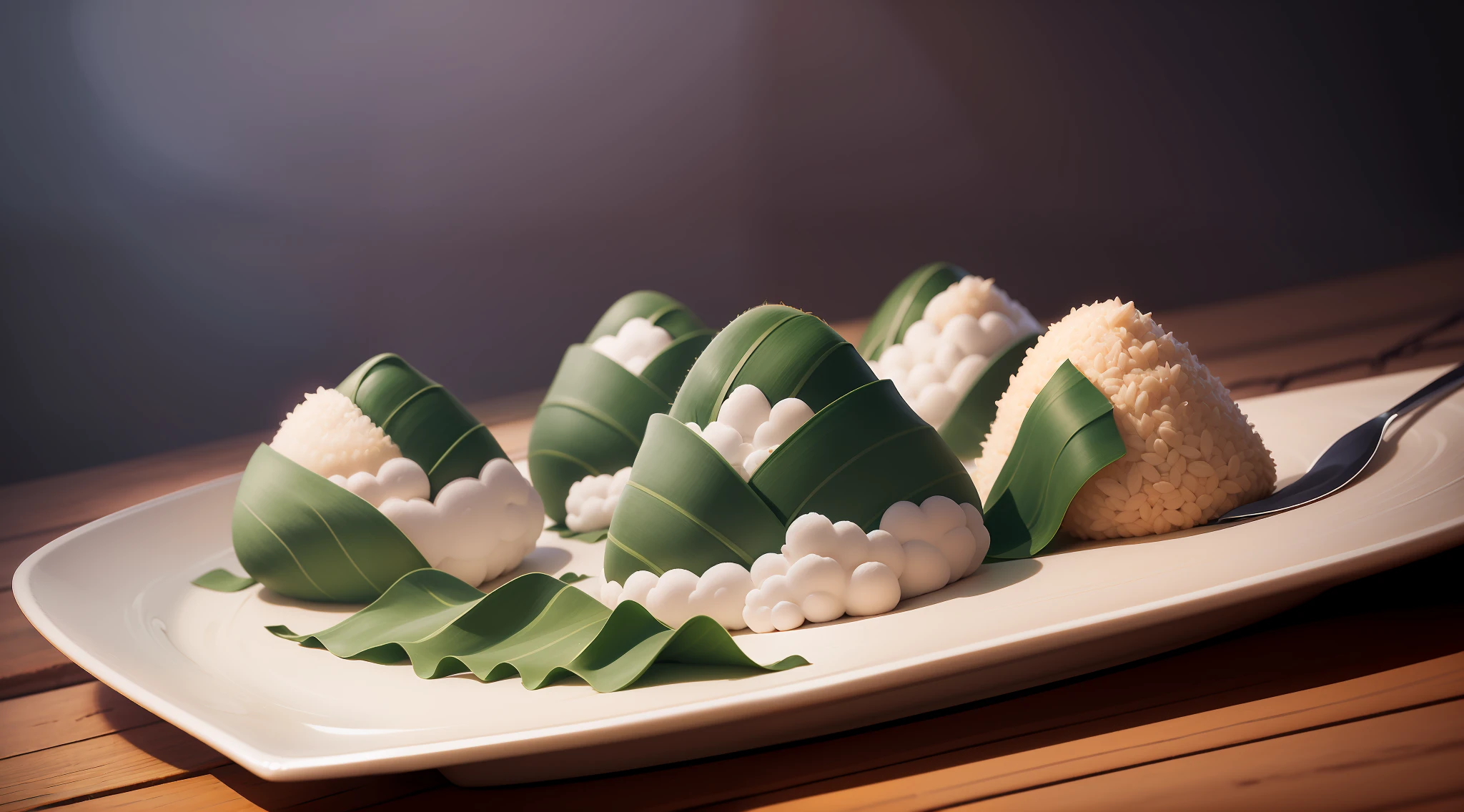 A stunning and realistic depiction of several zongzi wrapped in bamboo leaves and white rope arranged in the shape of a mountain, the bamboo leaves gradually change in blue, cyan and green tones, and the rice balls are also mixed with various grains and present rich colors, reminiscent of the famous ancient Chinese painting "A Thousand Miles of Rivers and Mountains". The zongzi are well-made and every detail is captured with amazing clarity. The simple background gives zongzi a central position in this high-quality and beautiful photo, with long wooden plates placed on a wooden table. food photography, masterpiece, 3D, UHK, 16K, lots of detail, realism, masterpiece, 3D, UHK, 16K