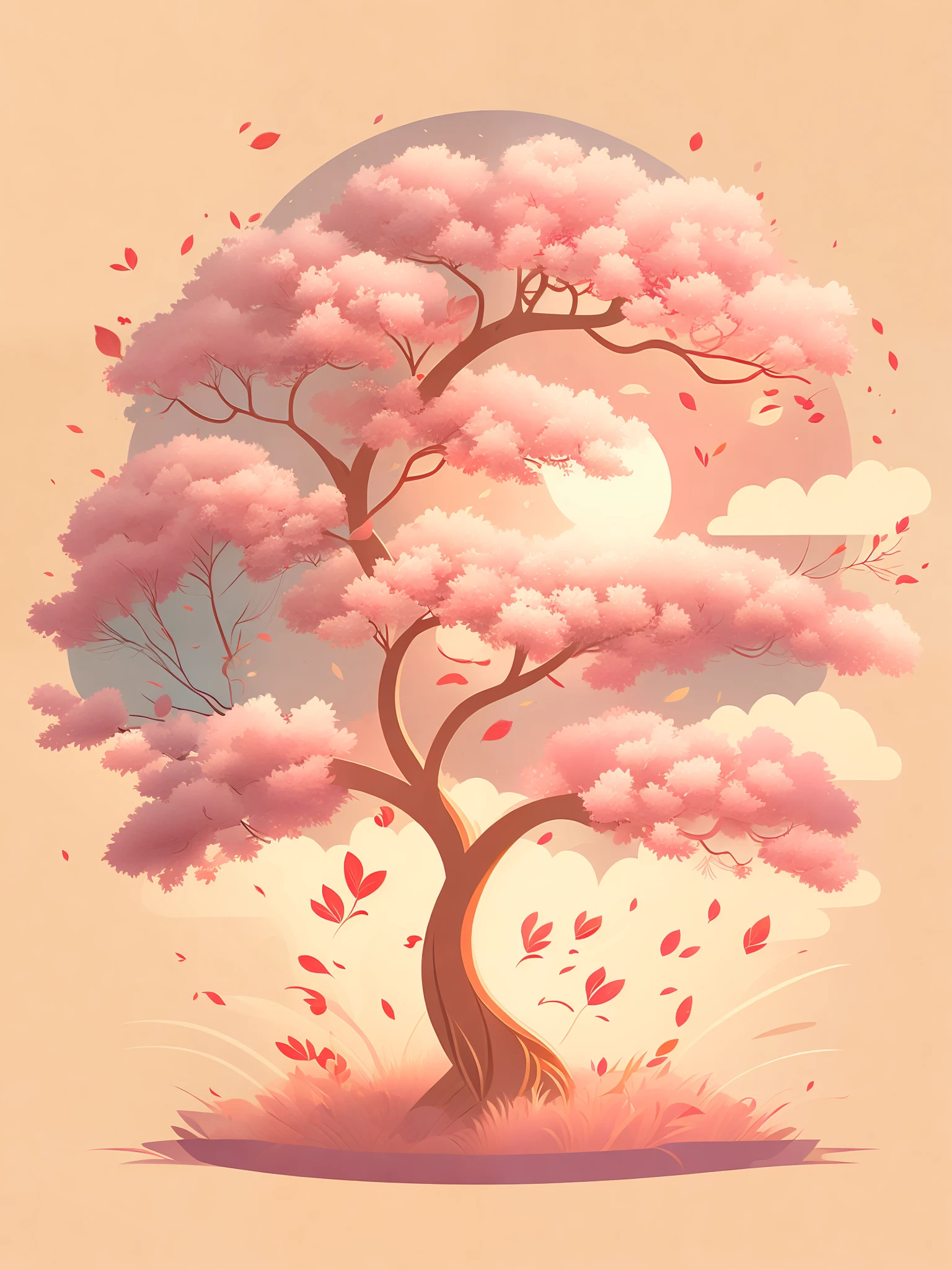 A oak tree in a spring landscape, petals, T-shirt design, rzminjourney, vector art