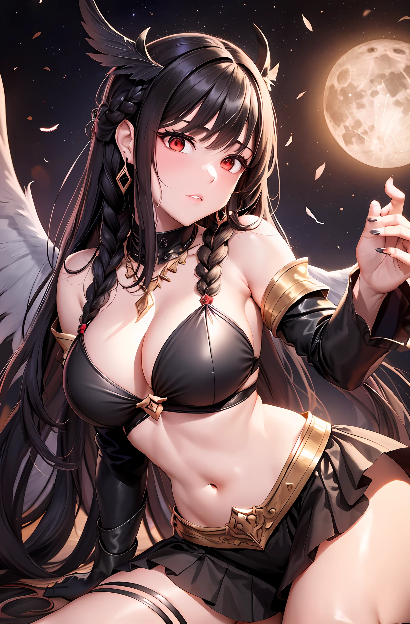 Top quality, ultra high resolution, (photorealistic: 1.4), attractive face. Model face. Braid. Thin. Bikini, beautiful details, brown face. Light brown hair. Brown hair. Big tits. Shorts. Earring. Luxurious necklace. Detail. Vivid? Realistic details. Real. Ability. Competent. On the back large wings. Brown hair in braids, traditional female hairstyle, long braid hair, long dark braid hair, brown hair in braids, black feathers on the back. Black wings. Black plumage. Devil's wings. Moon. Red moon. Navel, Detached Sleeves, Bare Shoulders, Center Opening, Cleavage, Middle Chest, Long Feathered Hair Clips, Hair Ornament, Red Eyes, Thigh Height,, Full Body, Look Viewer, Break, Otherworldly. Black smoke wafting around. Horns..... Black suspended particles. Black smoke. Black crystals around. Black smoke wafts around. Warping the body. Warping the body. Horn. Darkness. Ochi Yami Yugi. Kneeling. Get on your knees. Close one’s eyes. Pressing for a kiss. Kissing face. Embarrassing face. Blush. Kiss embarrassedly.