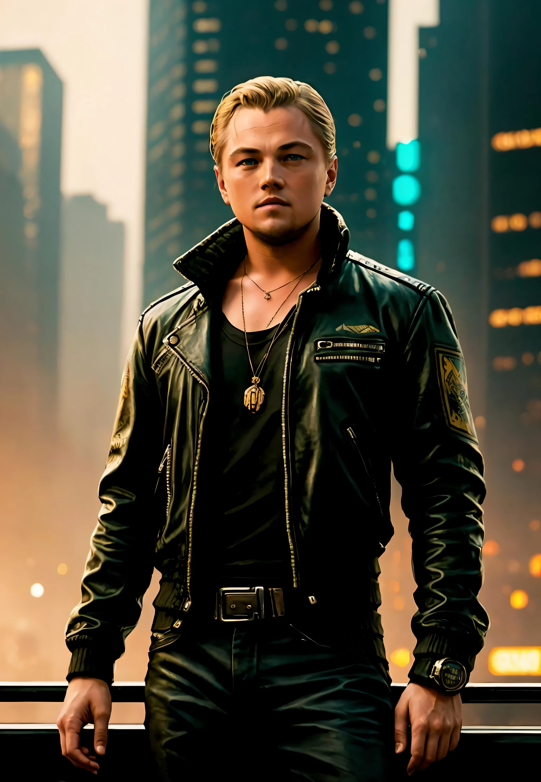 a painting of a (Leonardo DiCaprio), background, style of cyberpunk 2077, band of gold round his breasts