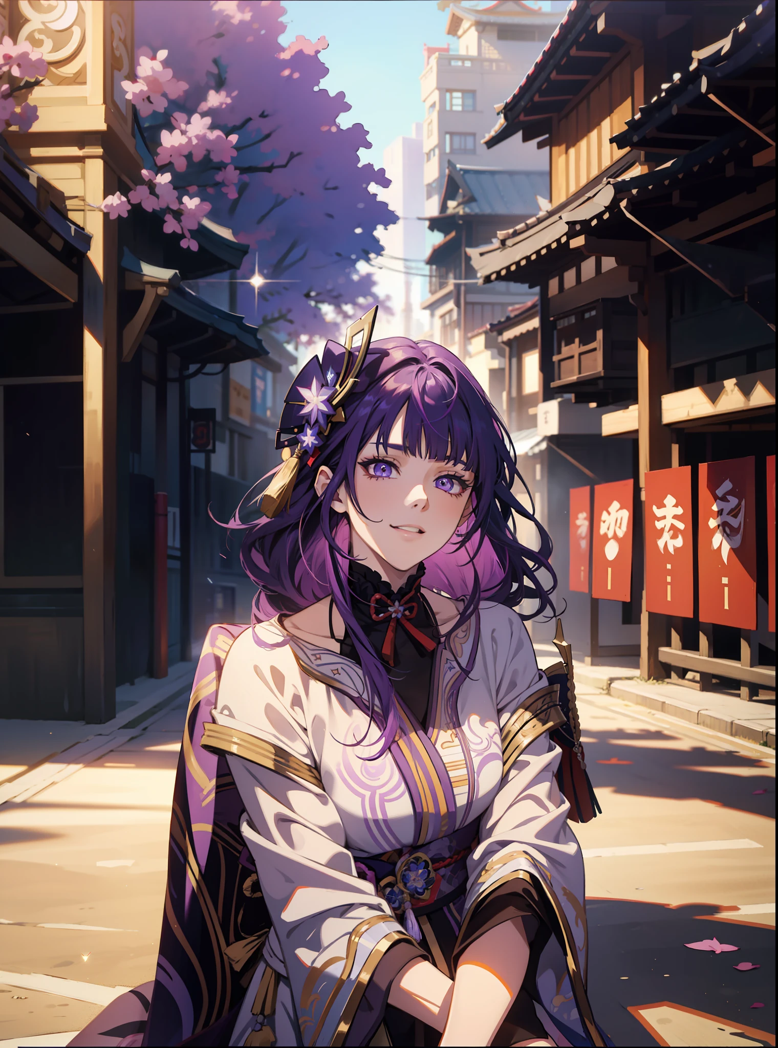 multicolored hair, purple hair, purple eyes, multicolored eyes, mismatched pupils, smile, high detail, high detail, Raiden Shogun (Genshin Impact), anime, anime style, sparkle, glowing light, god rays, ray tracing, backlighting, UHD, UHD, UHD, masterpiece, super detail, high details, high quality, award winning
