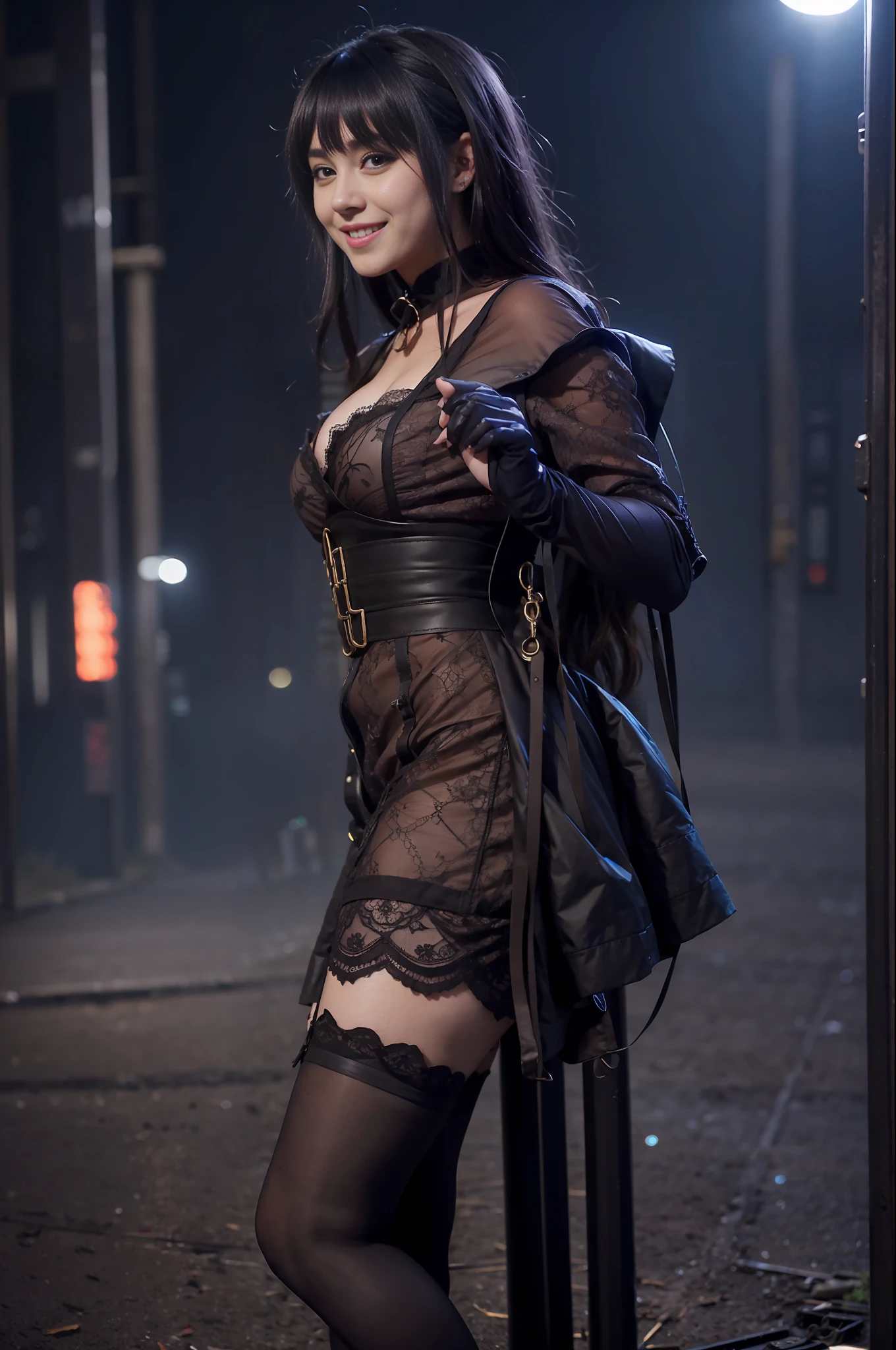 Short dress, dark brown lace stockings sensual Lolita, abandoned city and next to or train in an environment of ((night photography)) Lauren Jauregui, smiling and happy in a