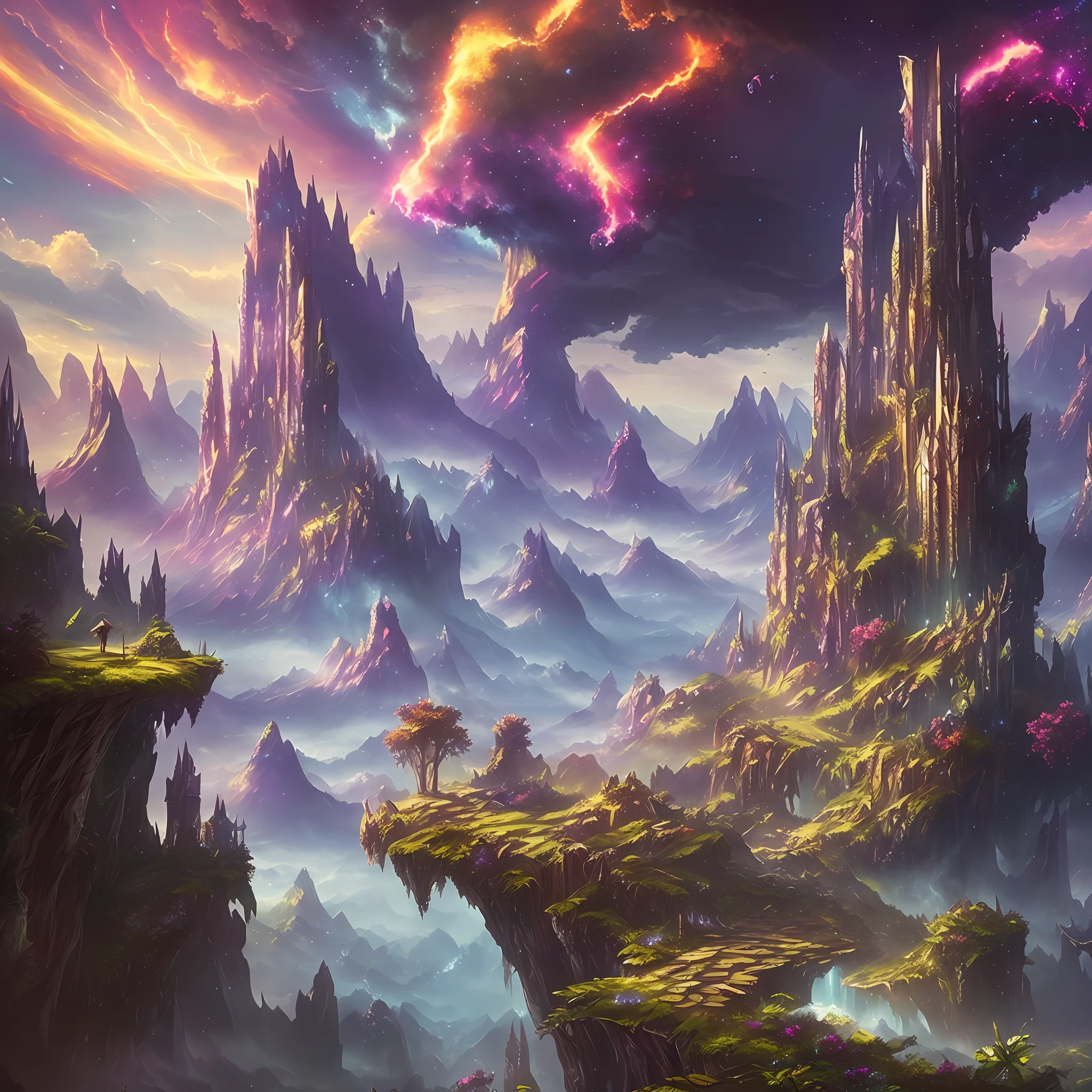 (conceptual image), lots of quality, detailed, beautiful fantasy landscape, nebula, floating clouds, high resolution, soft lighting, well-defined shadows, vibrant colors, mystical environment, lush flora, lots of foreground details, incorporating elements of fantasy and adventure. --auto --s2