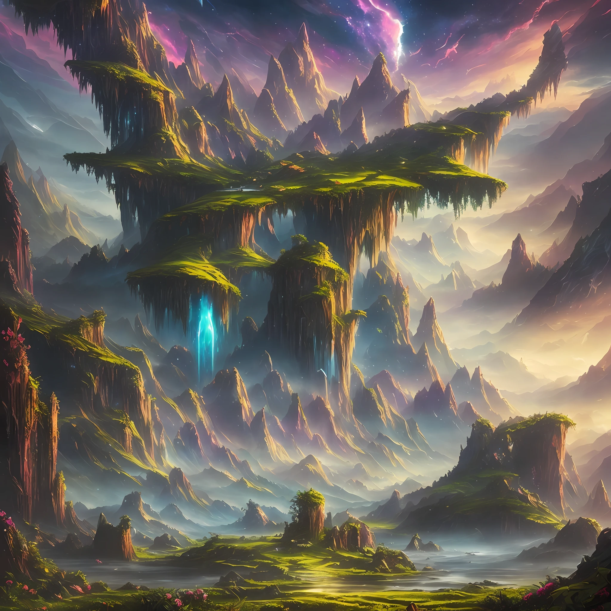 (conceptual image), lots of quality, detailed, beautiful fantasy landscape, nebula, floating clouds, high resolution, soft lighting, well-defined shadows, vibrant colors, mystical environment, lush flora, lots of foreground details, incorporating elements of fantasy and adventure. --auto --s2