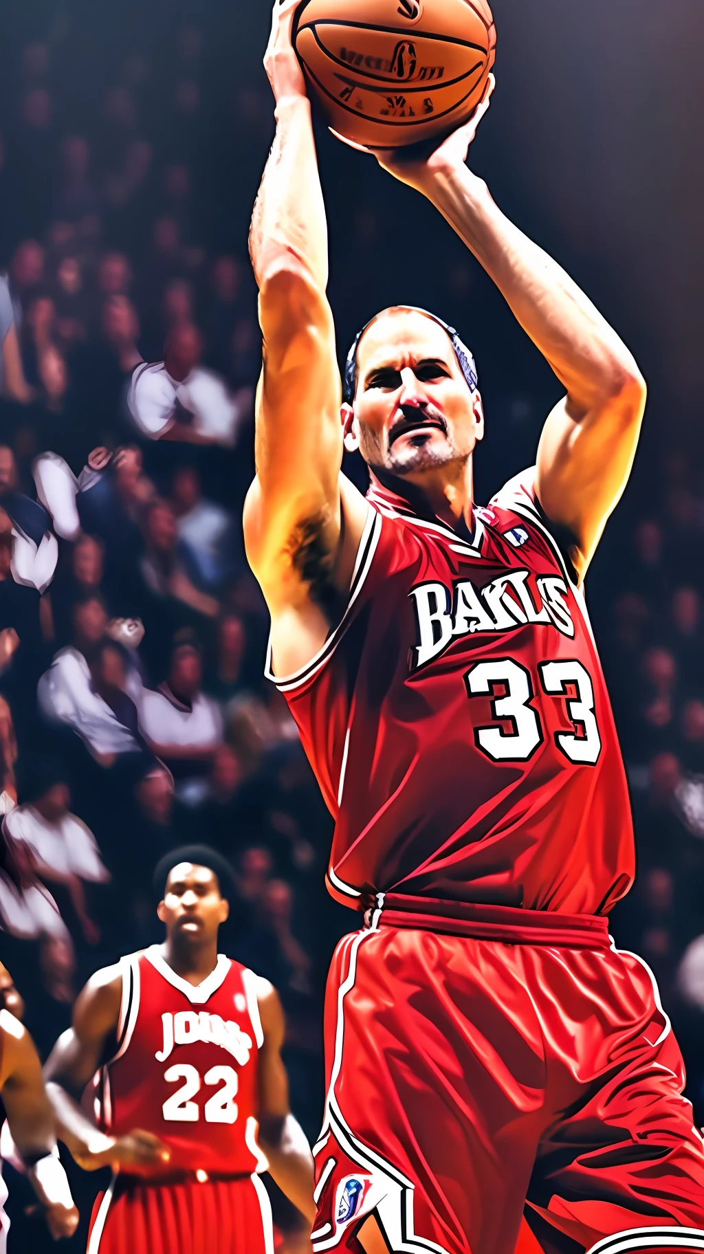 Steve Jobs wearing a basketball uniform, making an NBA-style dunk play, on a basketball court, with an audience, lighting, ultra realistic, with a lot of vivid color, with lots of details. --auto --s2