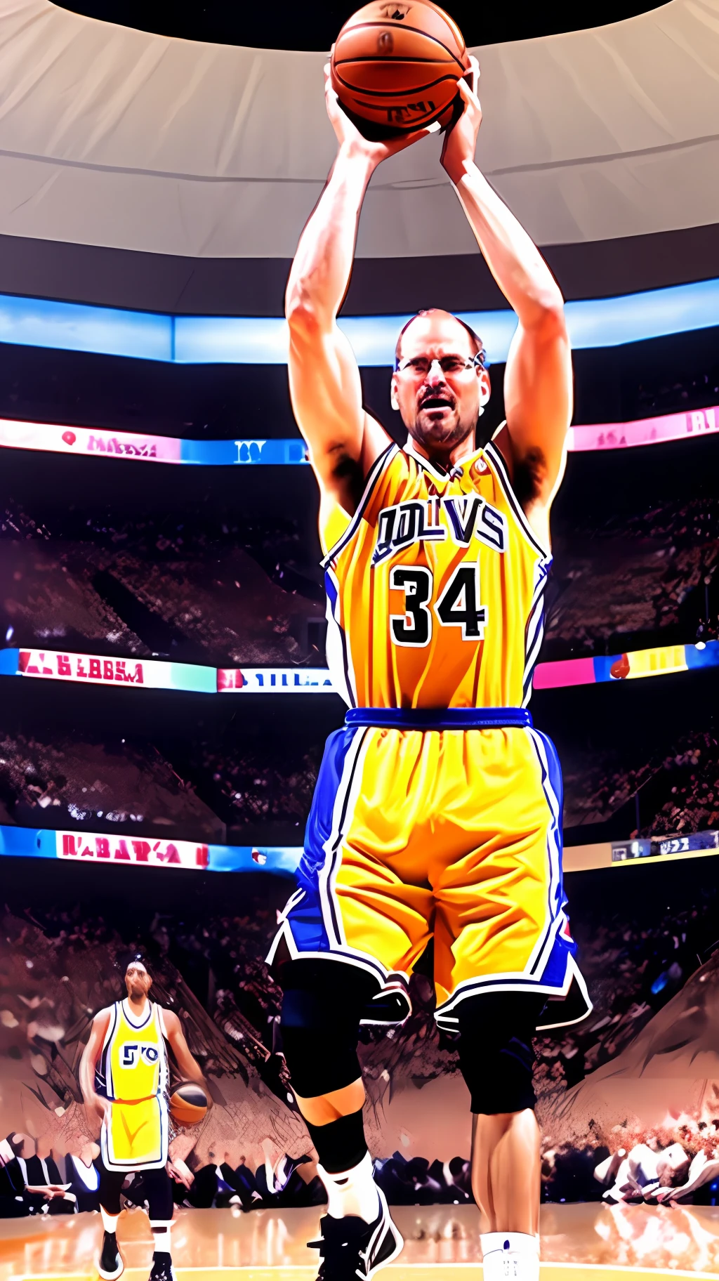 Steve Jobs wearing a basketball uniform, making an NBA-style dunk play, on a basketball court, with an audience, lighting, ultra realistic, with a lot of vivid color, with lots of details. --auto --s2