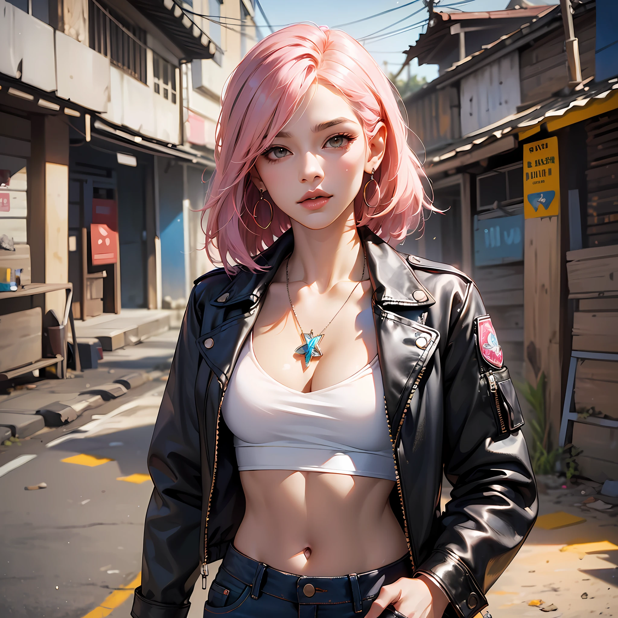 (masterpiece, best quality, ultra-detailed, highres, best illustration), perfect face, ((solo, solo focus)), side lighting, glossy skin, (bloom), (brightness), ray tracing, 1girl, jewelry, solo, earrings, jacket, pants, navel, midriff, pink hair, breasts, makeup, black jeans, red eyes, crop top, moycan hair, eyeshadow, necklace, hands in pockets, cropped jacket, jeans, black leather jacket, paint splash, nose, neckline, open jacket, small breasts, tattoo, lips, clothes written, black pants, depth_of_field, background of the favela periphery, very detailed background, extreme light and shadow, (detailed eyes), (beautiful) beautiful detailed eyes, perfect lighting, perfect anatomy, (extremely detailed illustrated wallpaper 8k), (masterpiece), (best quality), (ultra-detailed), (best illustration), (best shade), bright colors, a favela in the background, brazilian favela, Brazilian periphery scenario, shacks scenario, children flying kites. --auto --s2