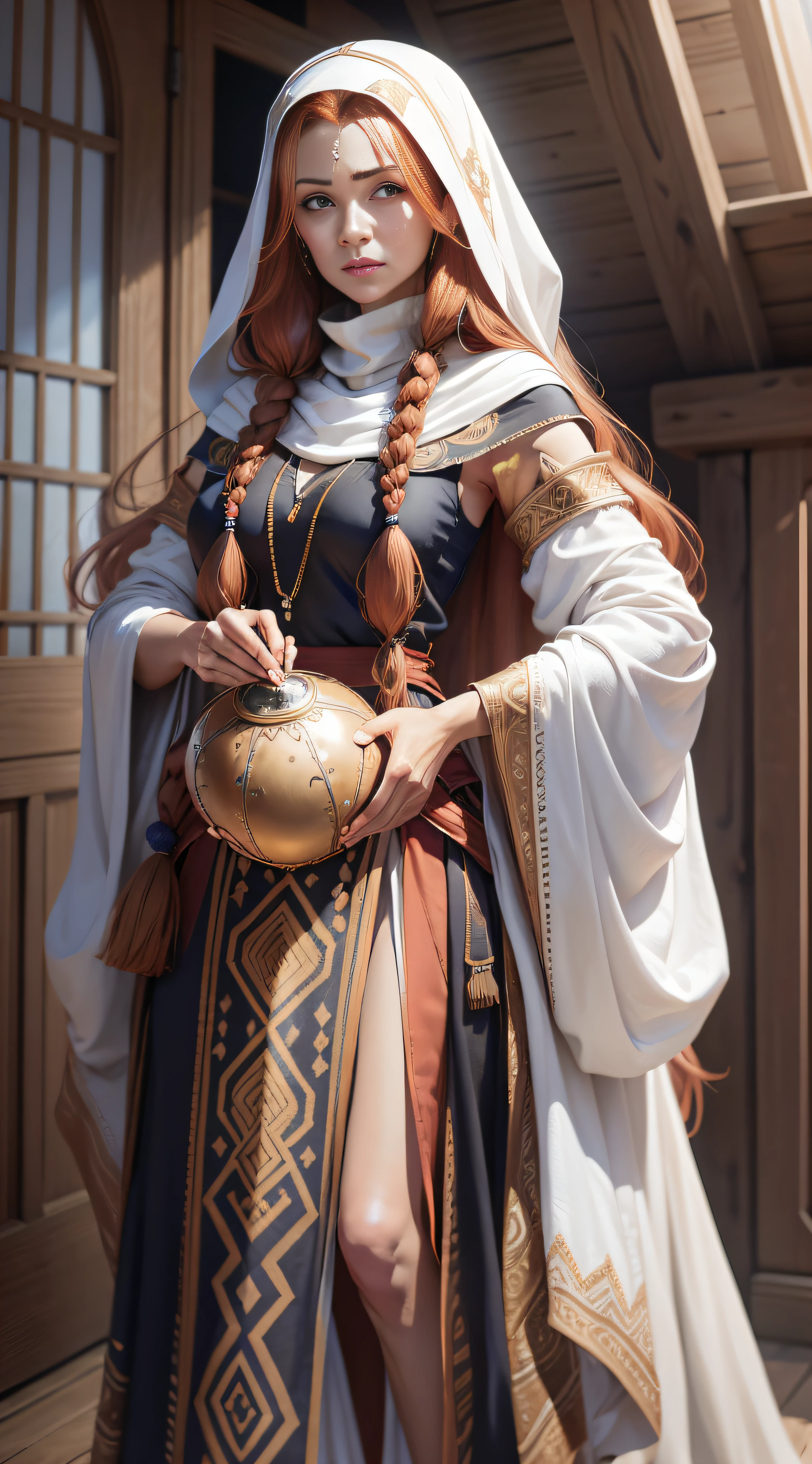 Concept art, full body, real person, white skin, wisps of overhead angle, dressed funny Somali grandmother crimson pinafort, caramel hair styling for long hair, high resolution, [(Willie Baumeister's art: 1.1), (John T. Biggs' art: 1.2): :17], official art, Unity 8k wallpaper, ultra detail, aesthetics, masterpiece, best quality, realistic