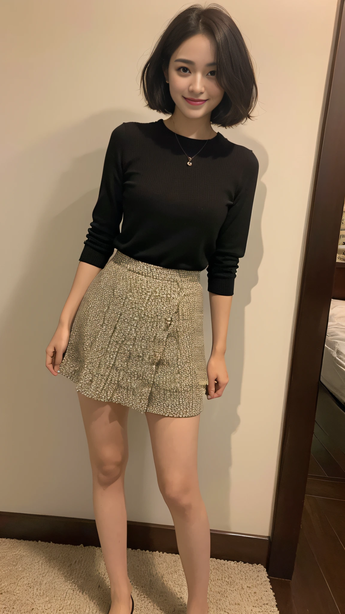 (8k, top quality, masterpiece: 1.2), (realistic, photorealistic: 1.37), super detailed, beauty, cute, solo, standing, (smile: 1.15), (closed mouth), black hair, fine beautiful eyes, big, patterned shirt, skirt, (short hair: 1.2), floating hair NovaFrogStyle, room without windows, background removed, night, no shadow, full body, smile, oblique face, Both arms are reflected, all heads are shown, people are cropped, faces are illuminated