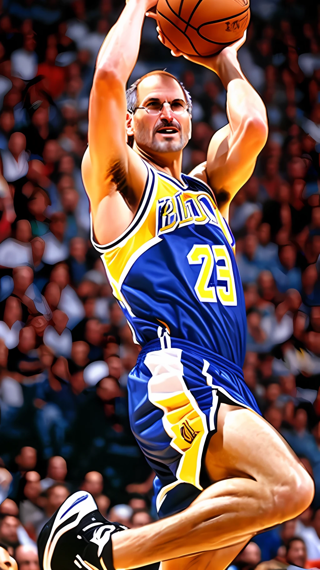 Steve Jobs wearing a basketball uniform, making an NBA-style dunk play, on a basketball court, with an audience, lighting, ultra realistic, with a lot of vivid color, with lots of details. --auto --s2