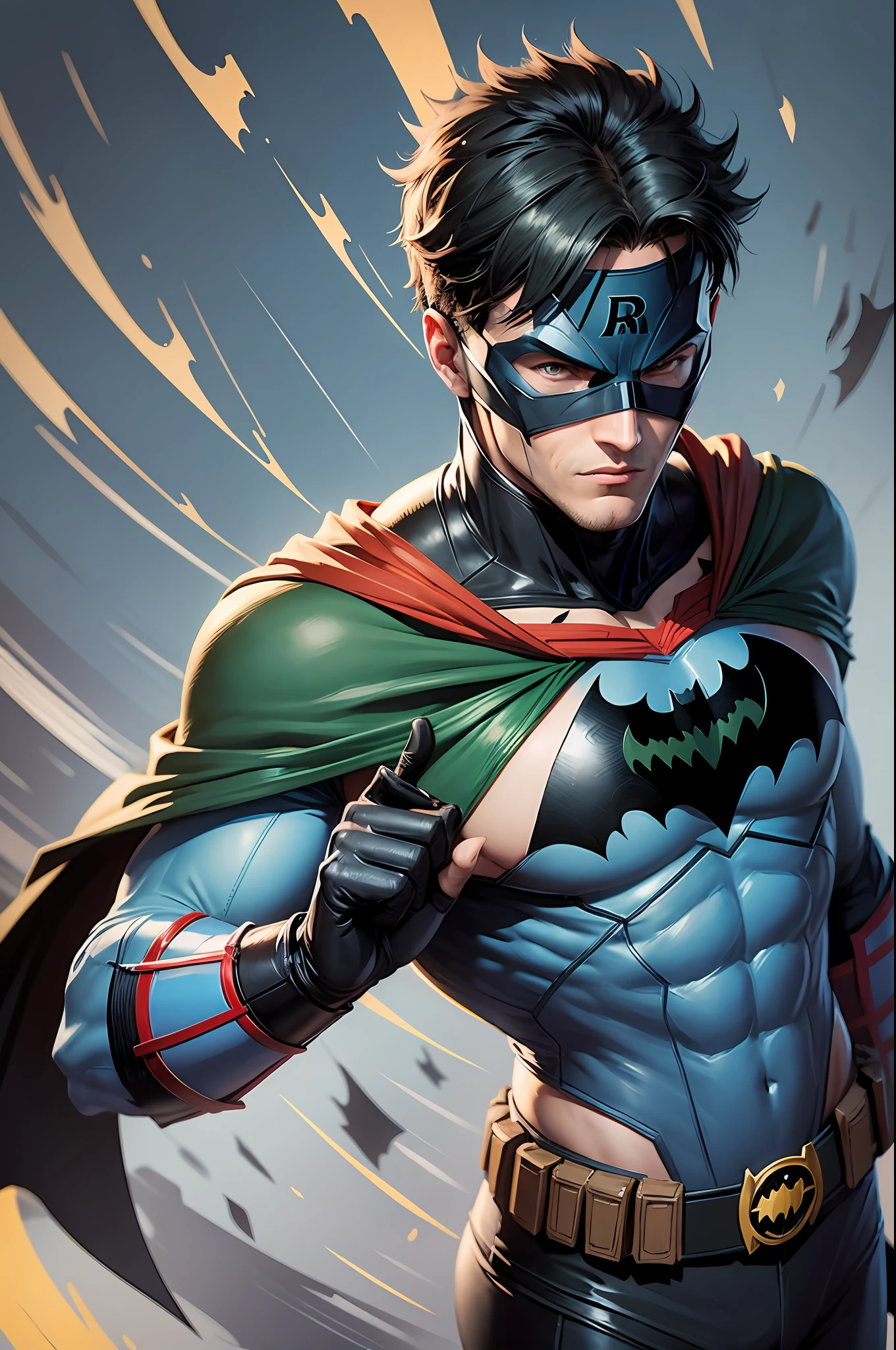 Robin wears the Batman symbol and wears a simple eye-only mask (son of Batman), smart, blue and red DC Comics-style uniform, suspicious, rebellious, martial arts expert, friend of Robin's son of Batman, 64k,