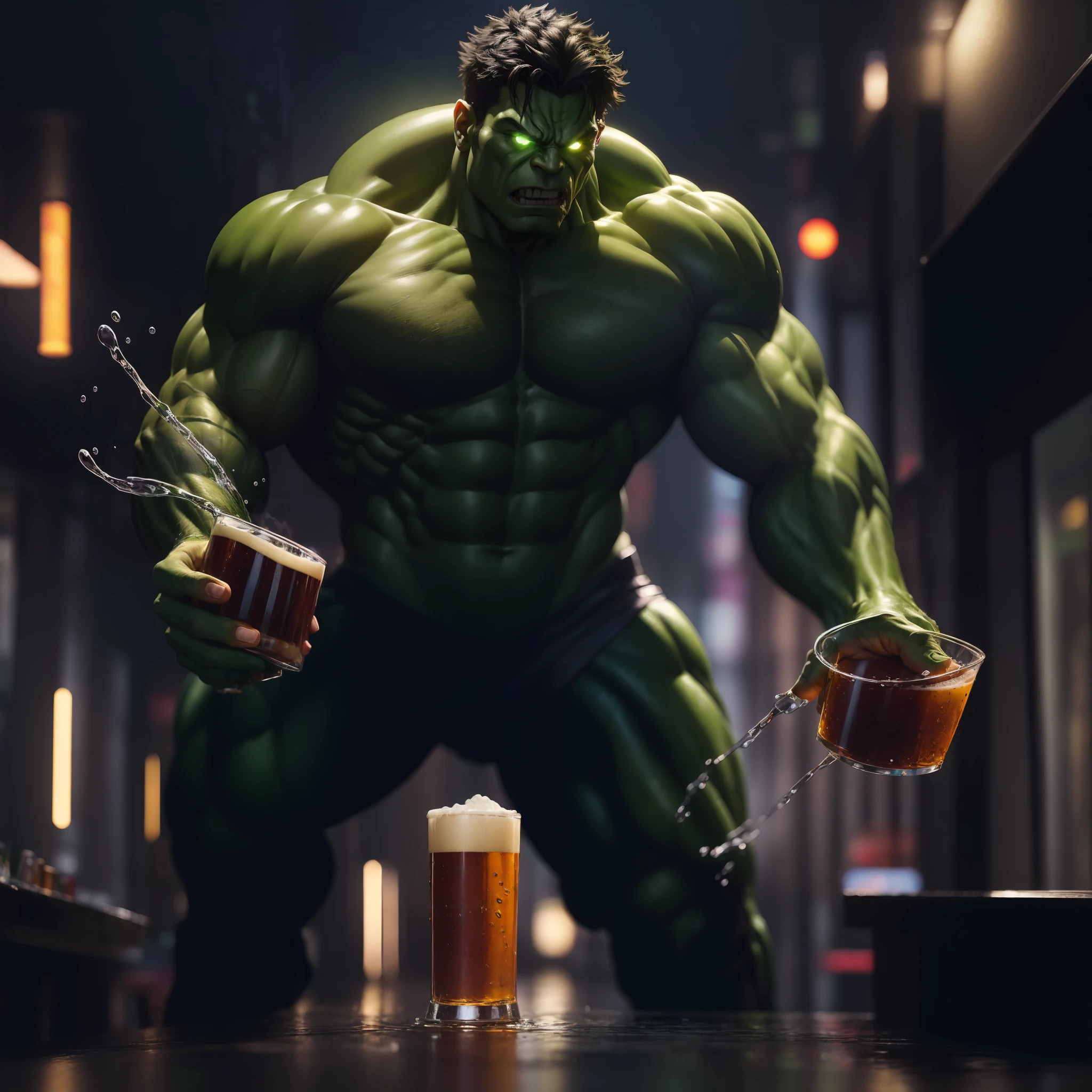 "(((masterpiece))), ultra-detailed, incredible depiction of a muscular green Incredible Hulk who is drinking a beer and dancing energetically inside a bar, high-resolution CG unity 8K wallpaper with dynamic animations and vibrant colors."