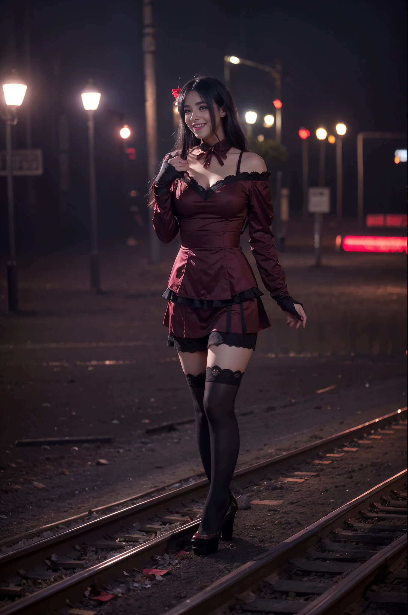 Short dress, lace stockings Lolita sensual dark red, abandoned city and next to or train in an environment of ((night photography)) Lauren Jauregui, smiling and happy in a